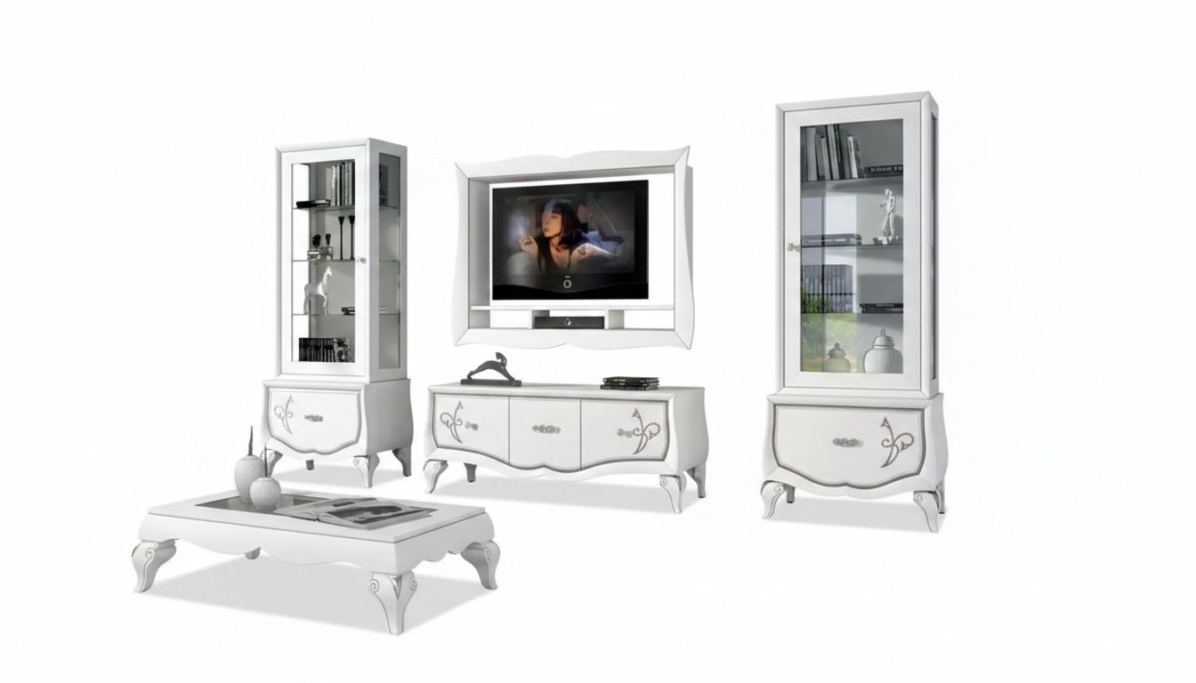 Design Wohnzimmer Set Vitrine 2x TV-Rahmen Wandregal Wohnwand 4tlg.