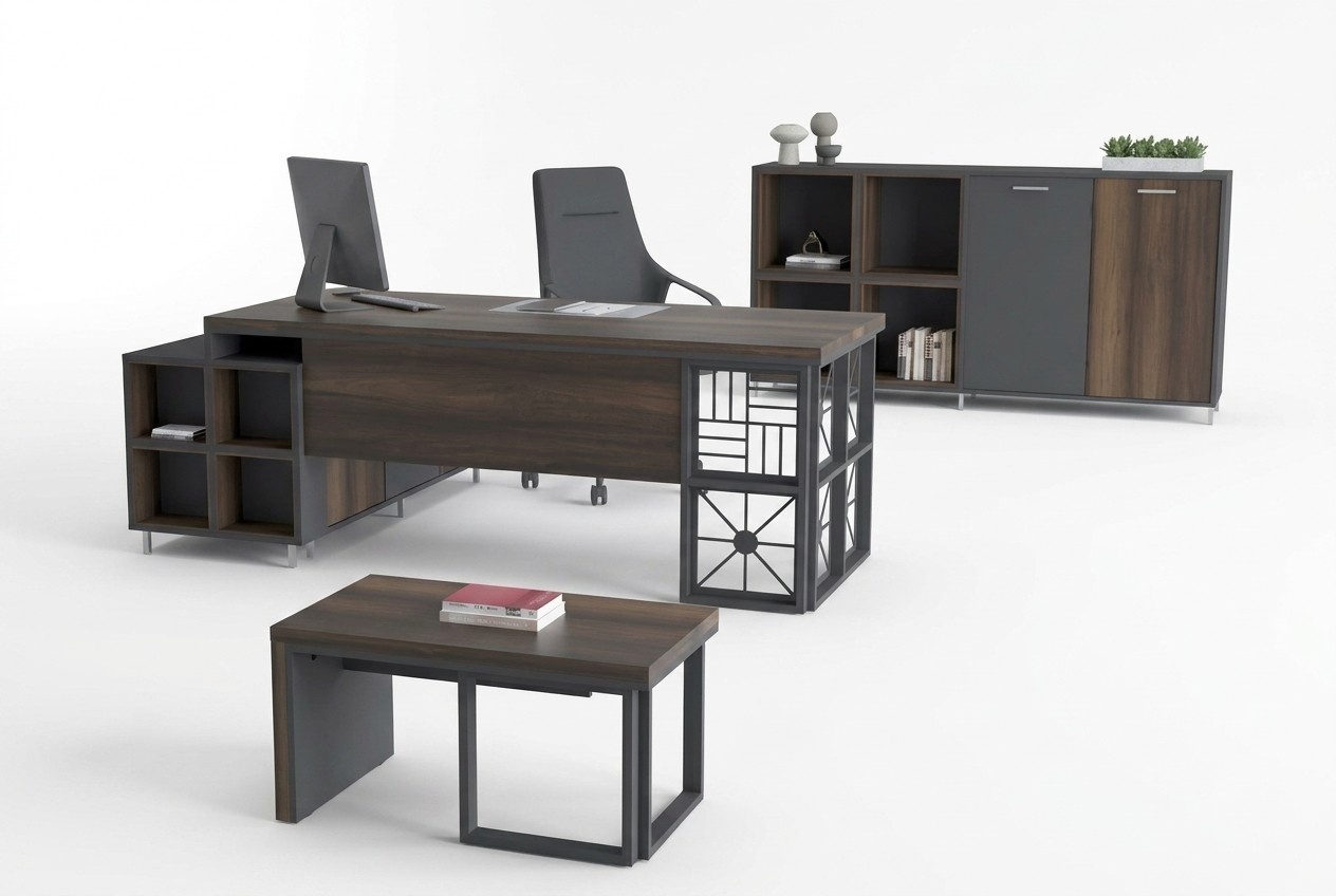 Designer Arbeitszimmer Set Schreibtisch Couchtisch Sideboard Holz Metall