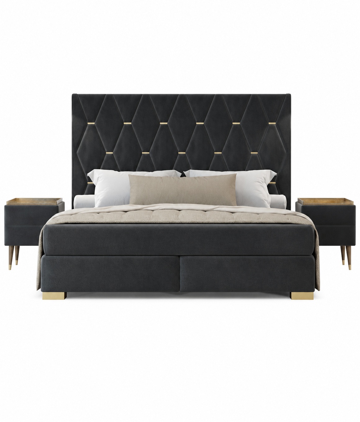 Designer Graue Schlafzimmer Garnitur Edelstahl Doppelbett Nachttische