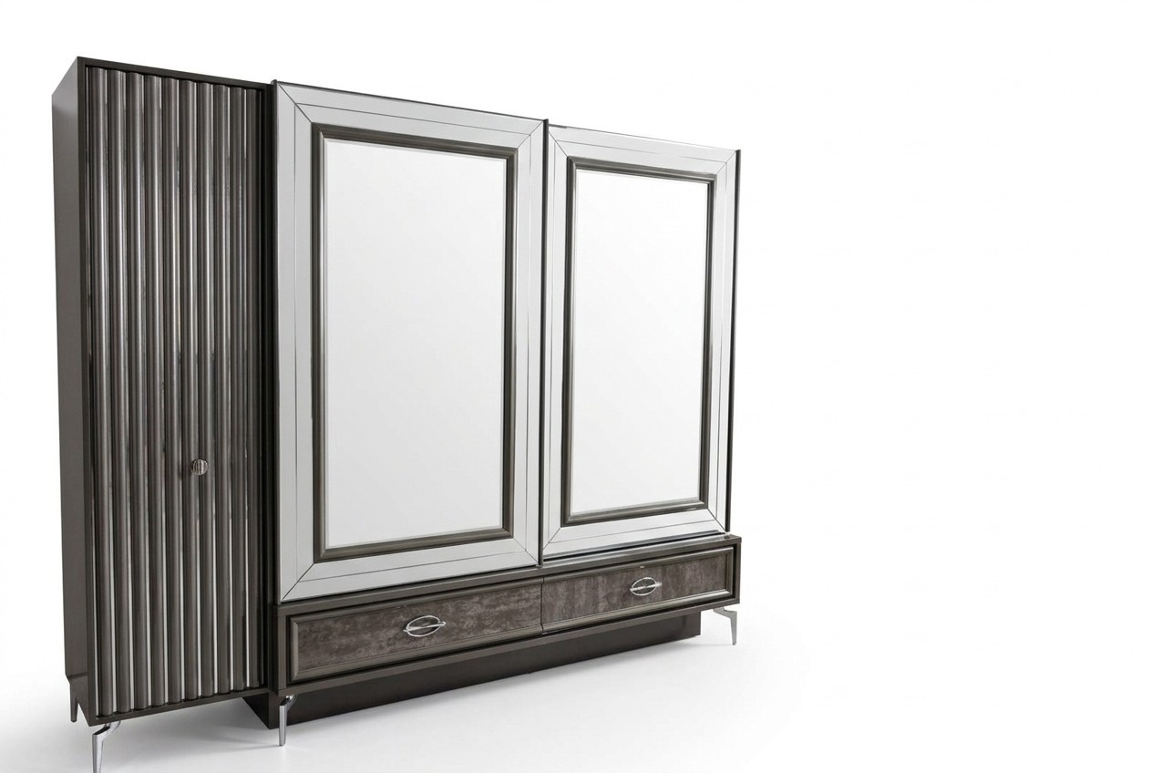 Designer Holz Kleiderschrank mit SpiegeltÃ¼ren und Schubladen Schlafzimmer
