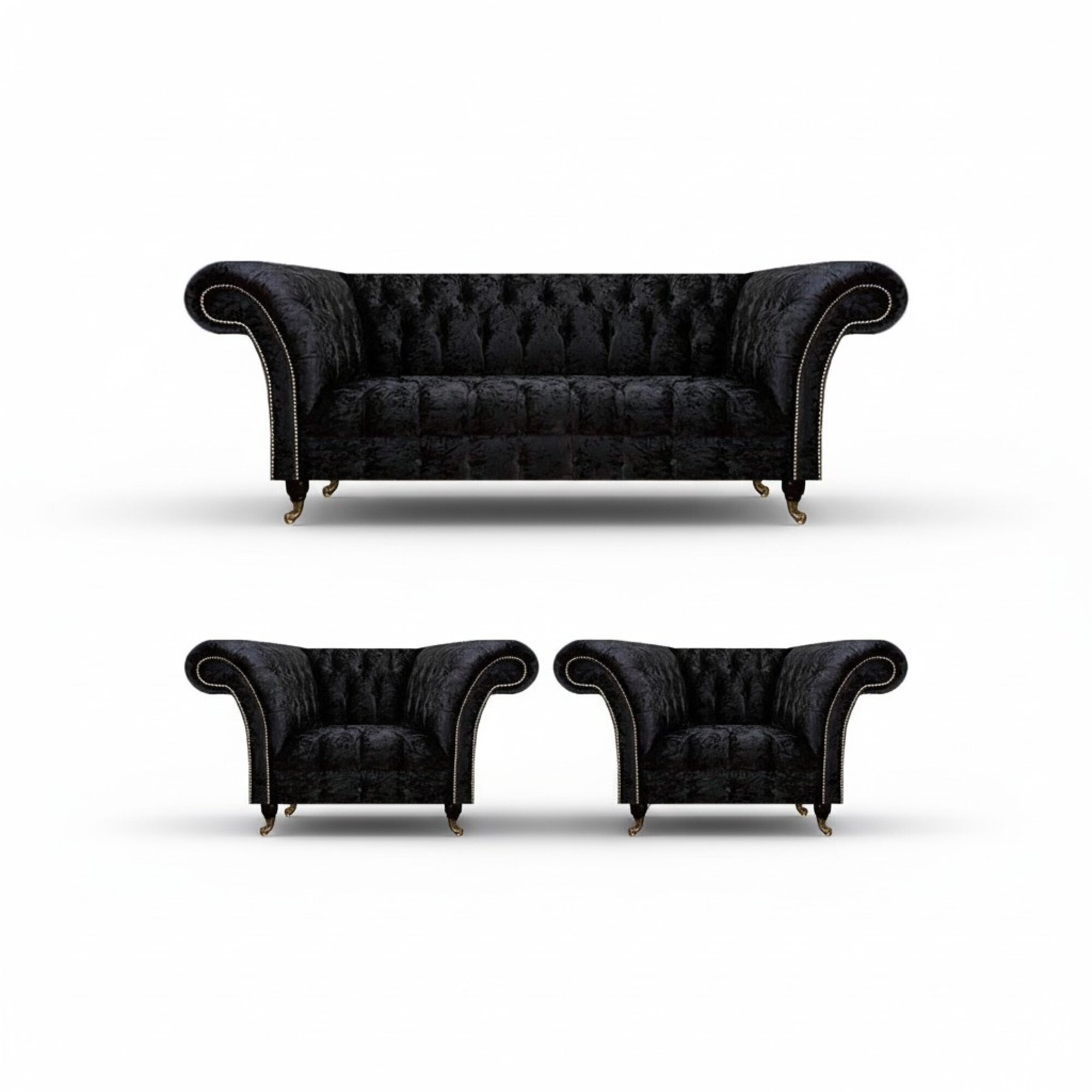Designer Schwarze Chesterfield Garnitur Edle Lehnsessel Polster 3-Sitzer