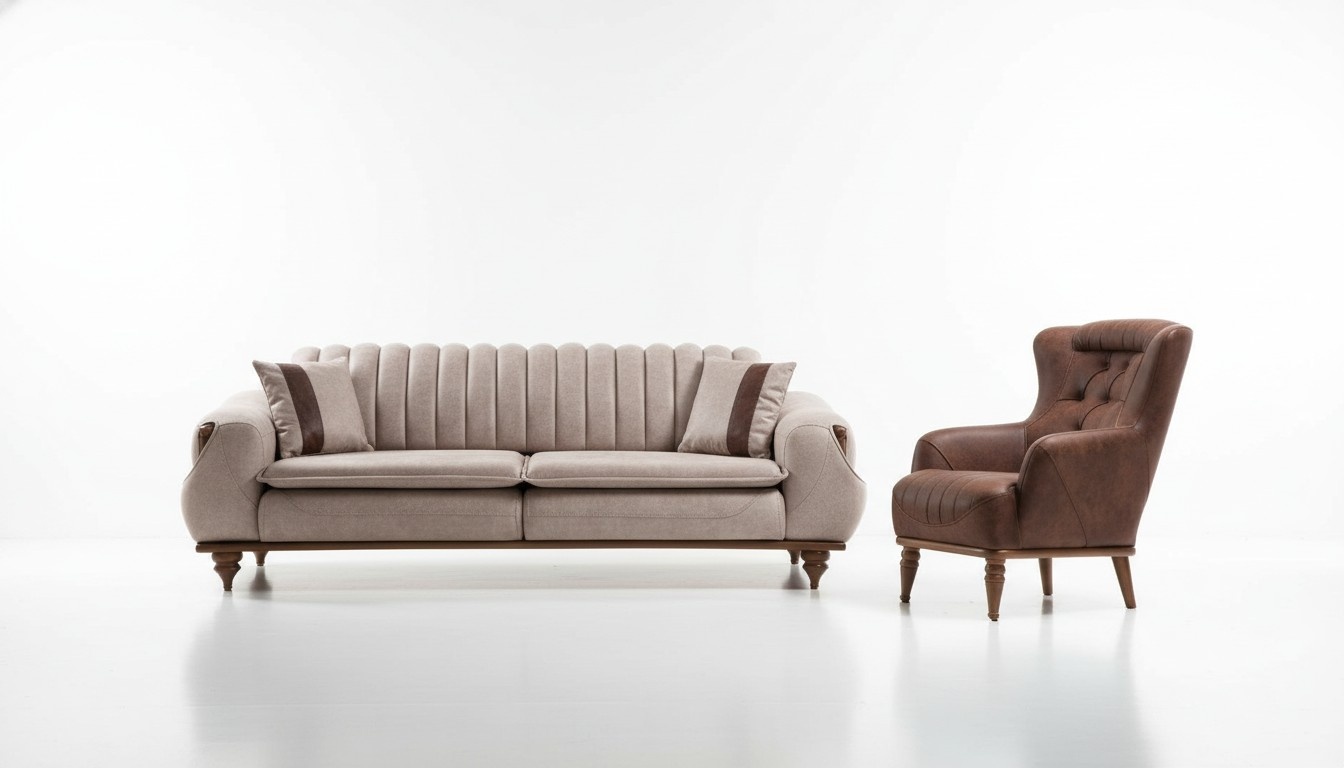 Designer Sofagarnitur 3+1 Sitz JV MÃ¶bel Couchtisch Sofabezug Textil Braun Holz