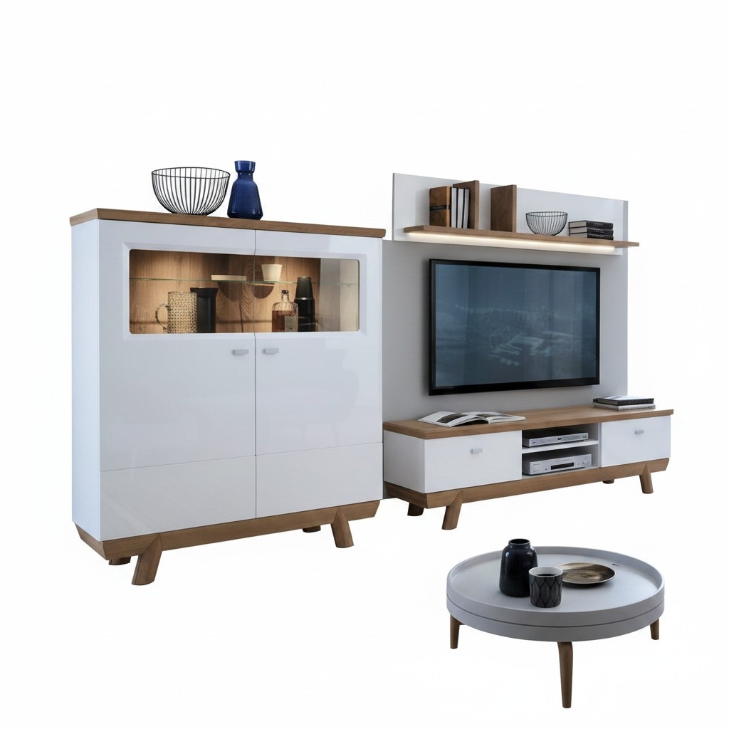 Designer Wohnzimmer Set 3 tlg Modern Wohnwand TV-Lowboard MedienmÃ¶bel Regale