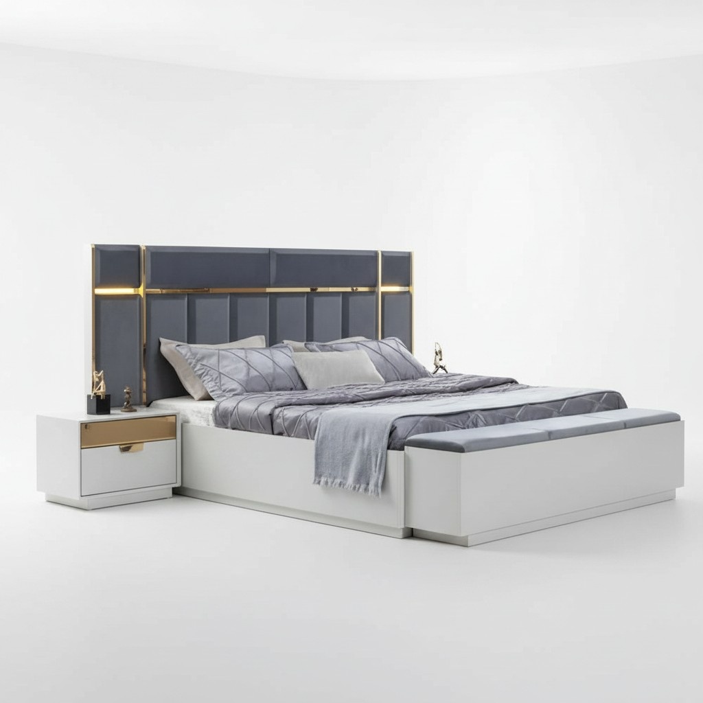Doppelbett Nachttische Blau WeiÃ Edelstahl Luxus Schlafzimmer MÃ¶bel 3tlg