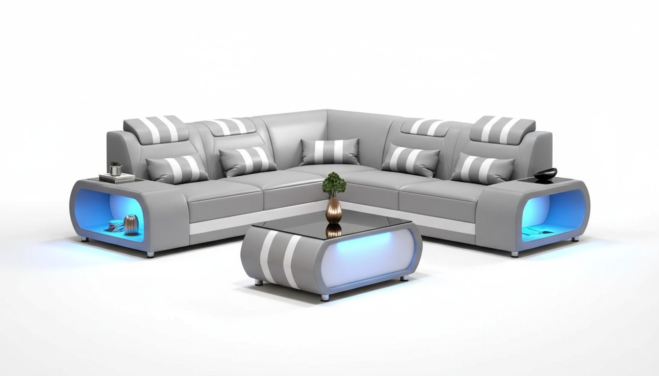 Ecksofa Ledersofa L Form Couch Sofa Grau Luxus Moderne Eckgarnitur LED