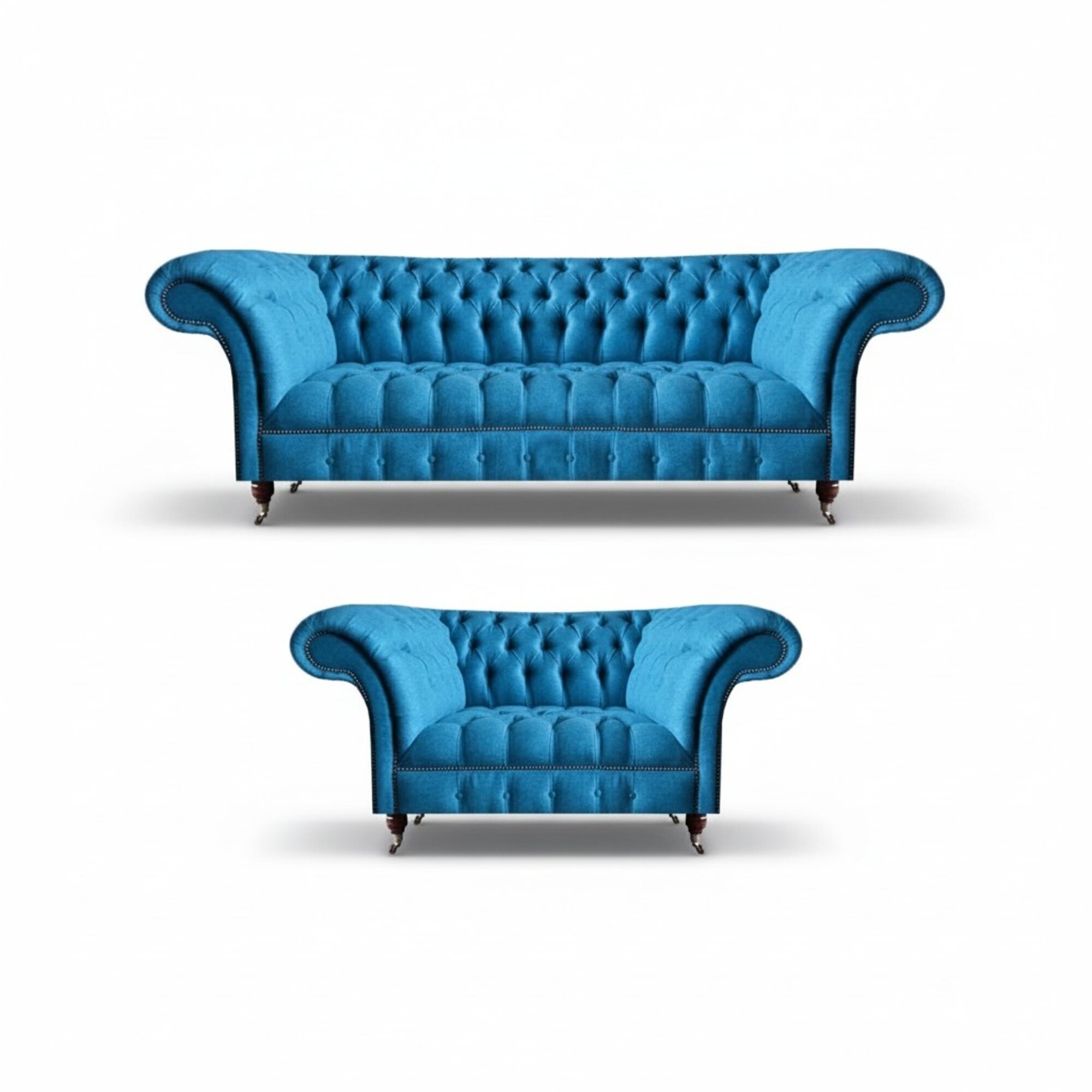 Edle Himmelblaue Chesterfield Garnitur Designer 3-Sitzer Zweisitzer Set