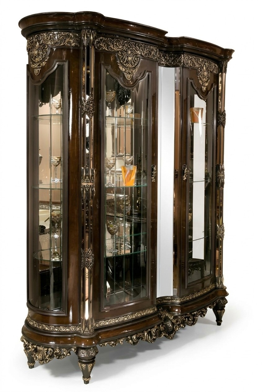 Elegante braune Vitrine aus Holz und Glas in zeitlosem Design