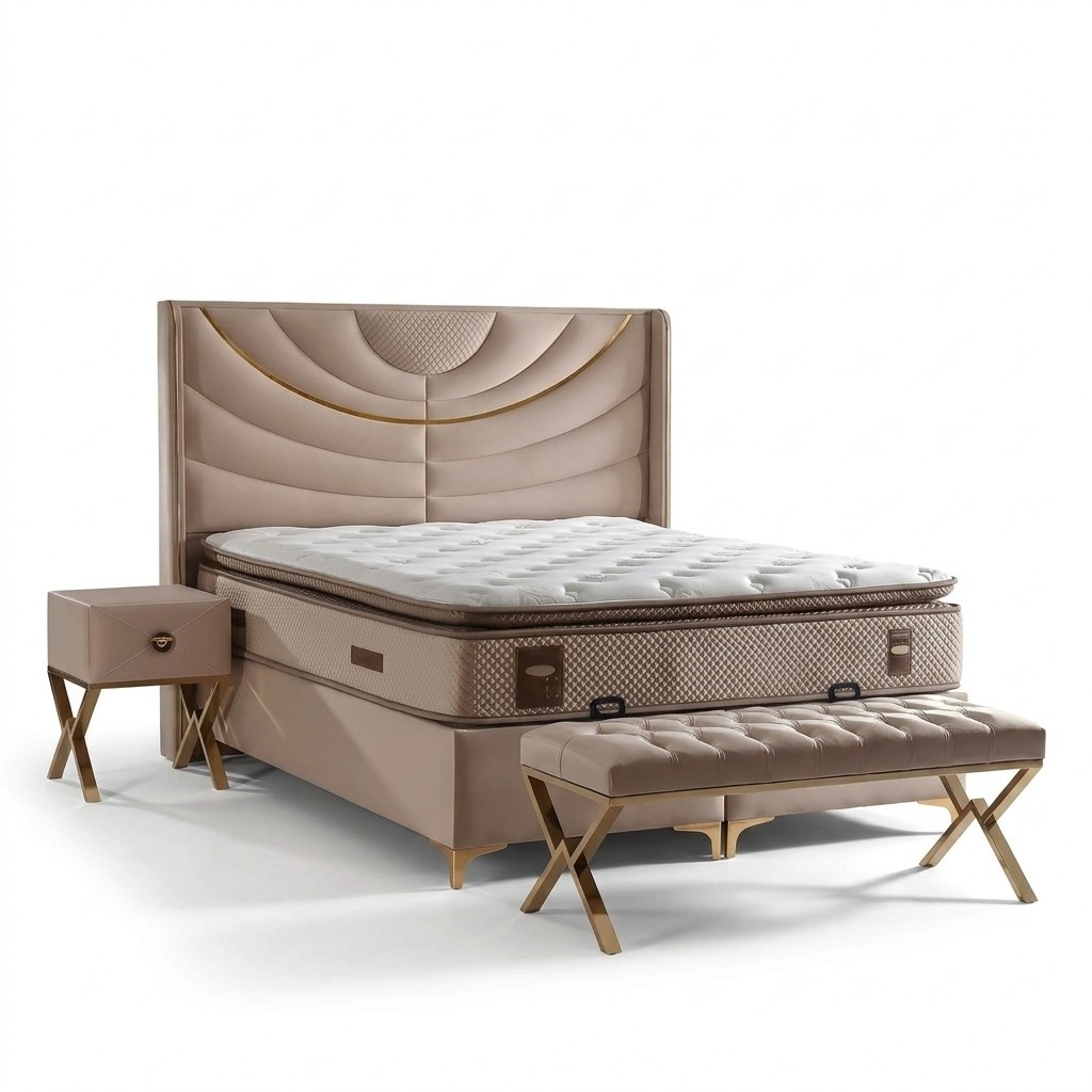 Elegantes Beiges Bett mit Matratze aus Textil und Holz