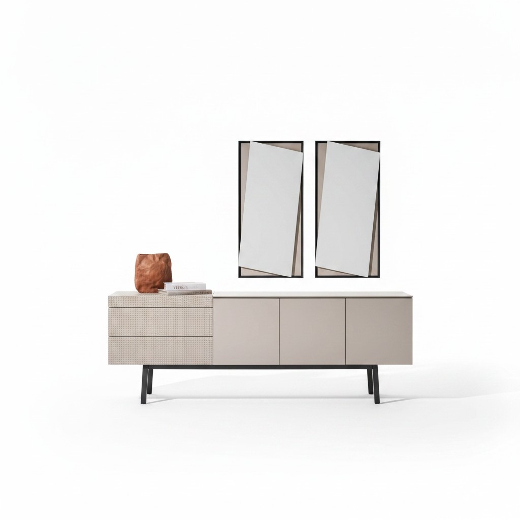 Elegantes Beiges Holz-Spiegel- und Sideboard-Set im modernen Stil