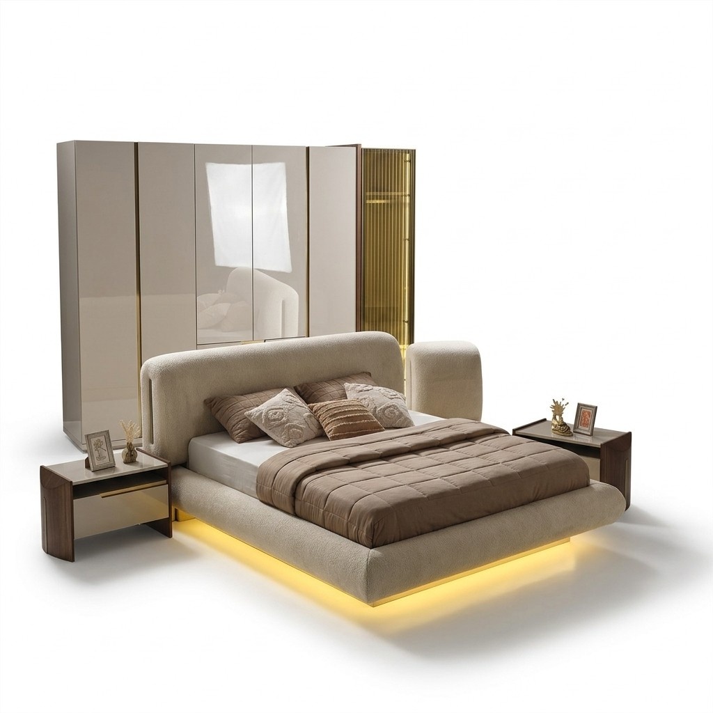 Elegantes Beiges Holzbett mit Textilbezug in zeitlosem Design