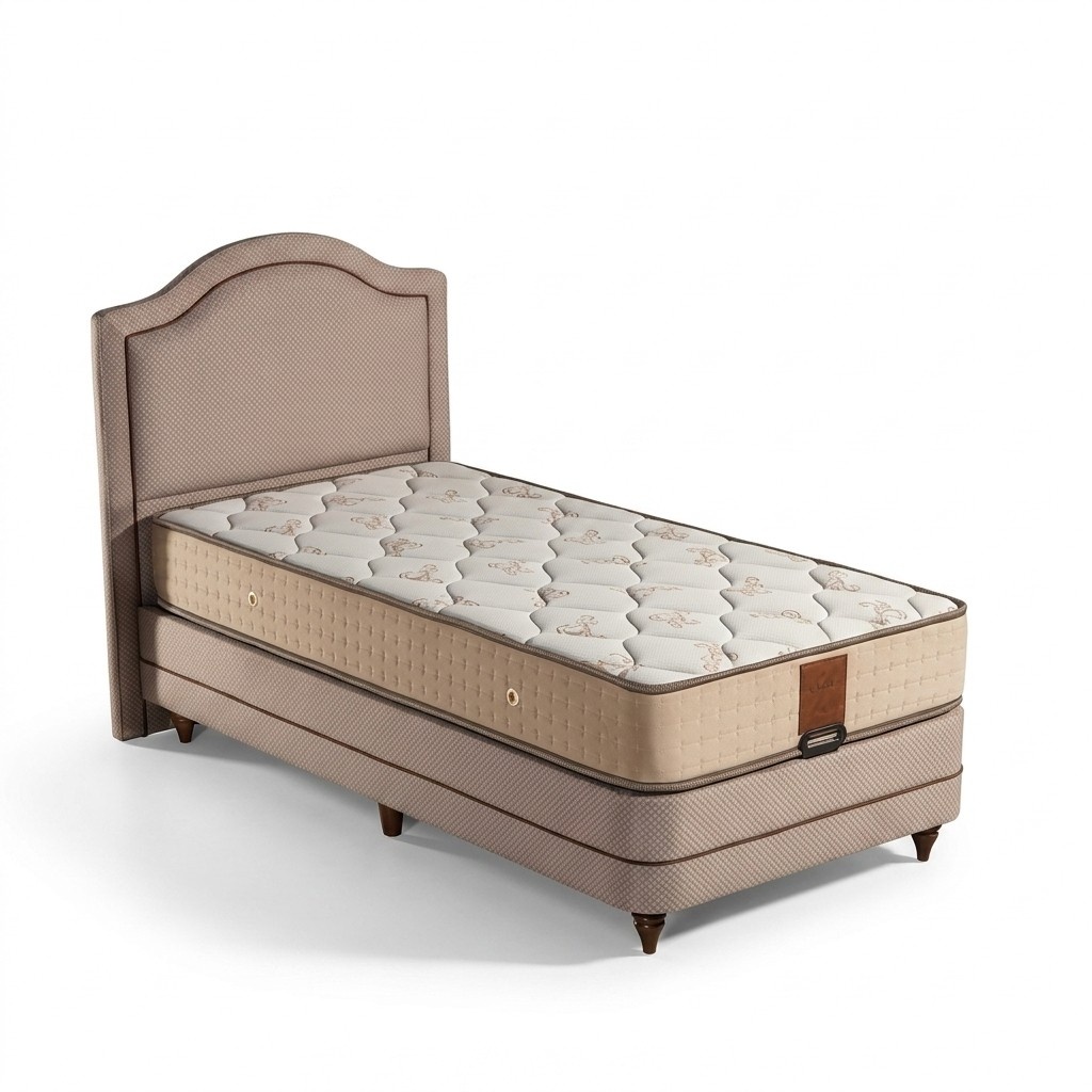 Elegantes Bett mit Matratze aus Holz und Textil in BeigetÃ¶nen