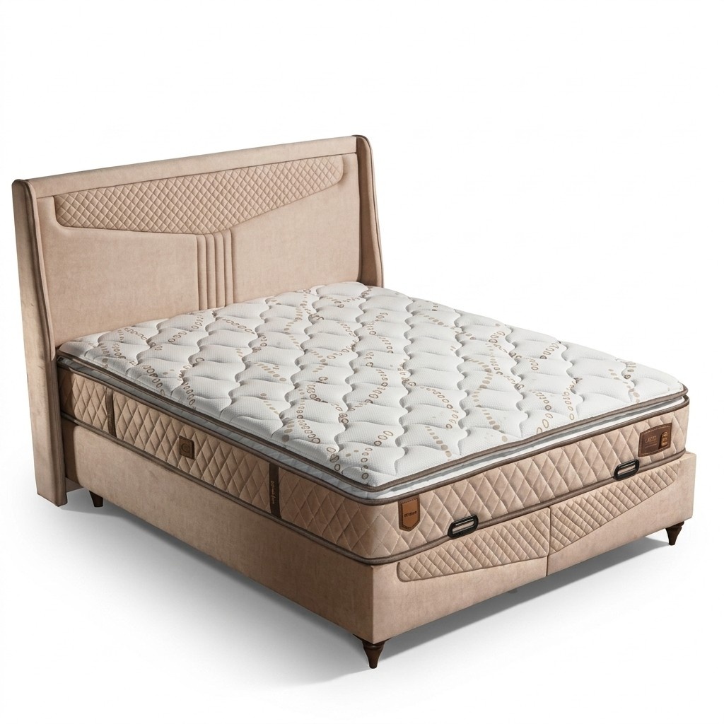 Elegantes Bett mit Matratze in Beige aus Holz und Textil