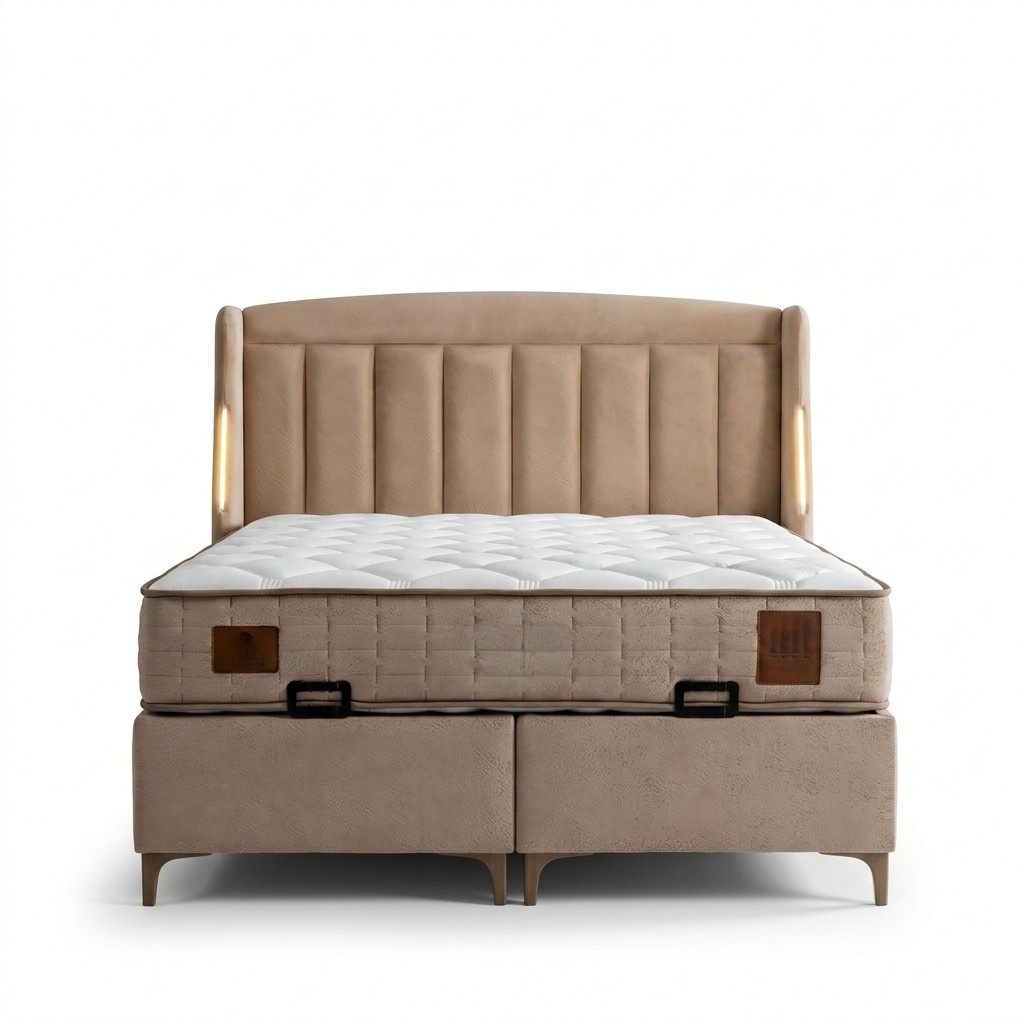 Elegantes braunes Bett mit Matratze aus Textil und Holz