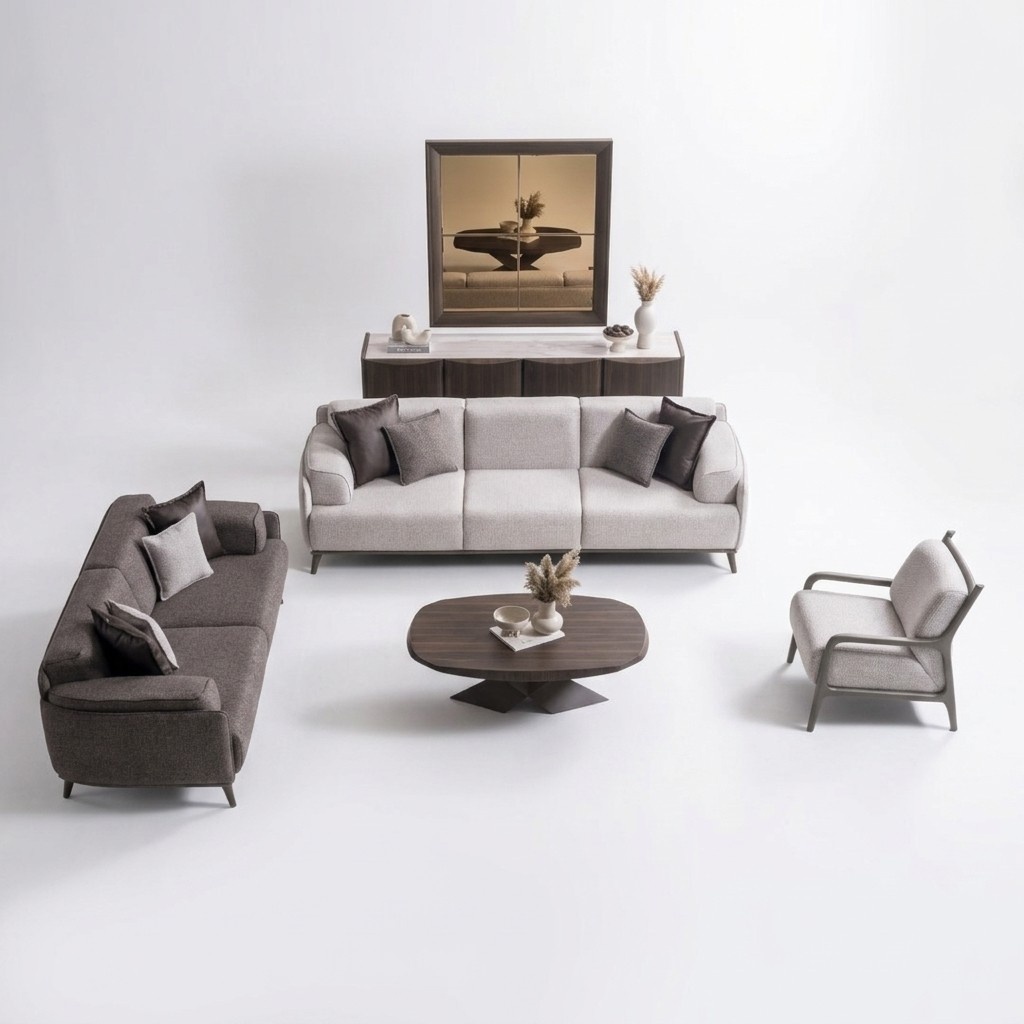 Elegantes braunes Wohnzimmer Set aus Holz mit Polsterung und modernem
