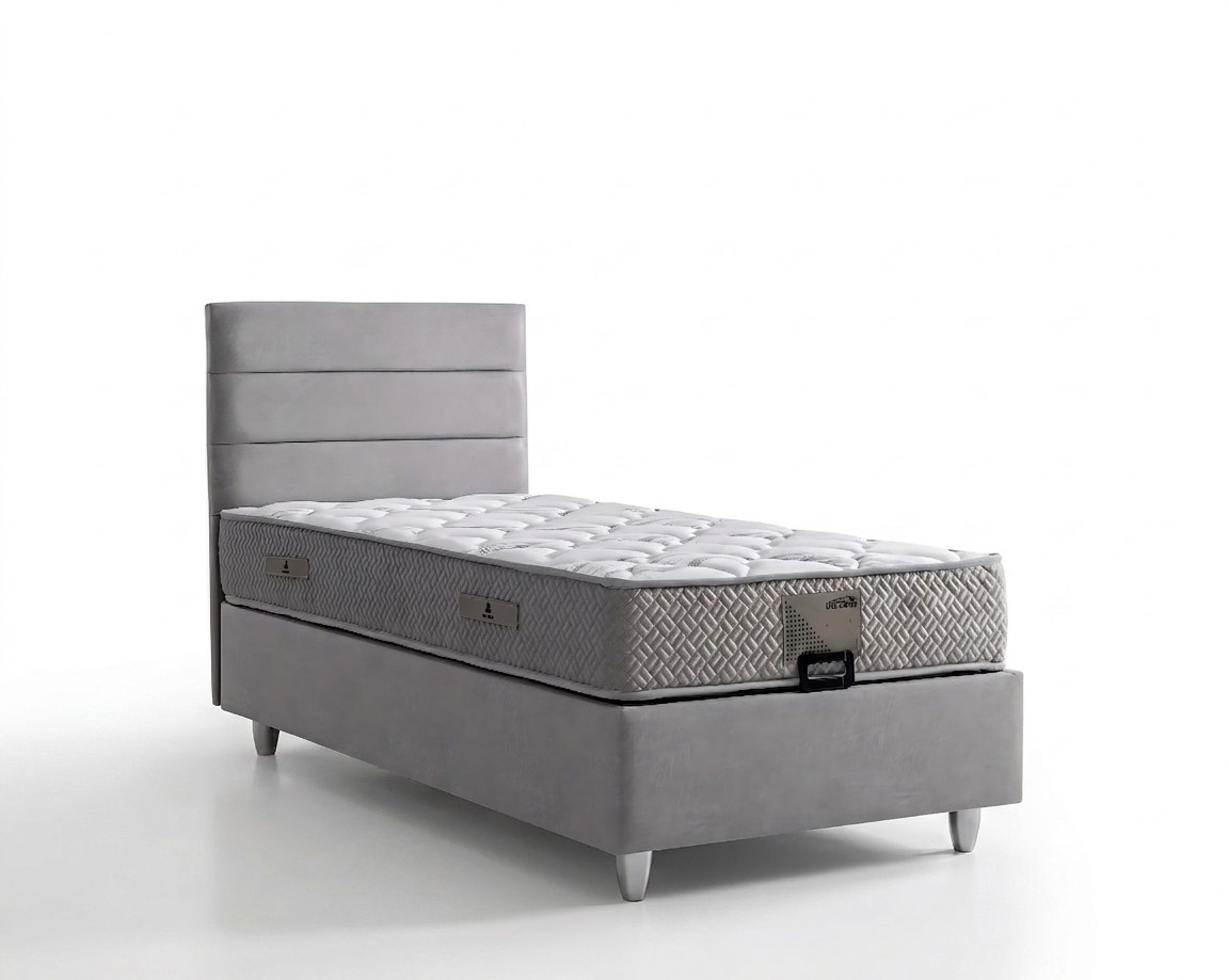 Elegantes graues Bett mit Matratze aus Textil und Holz