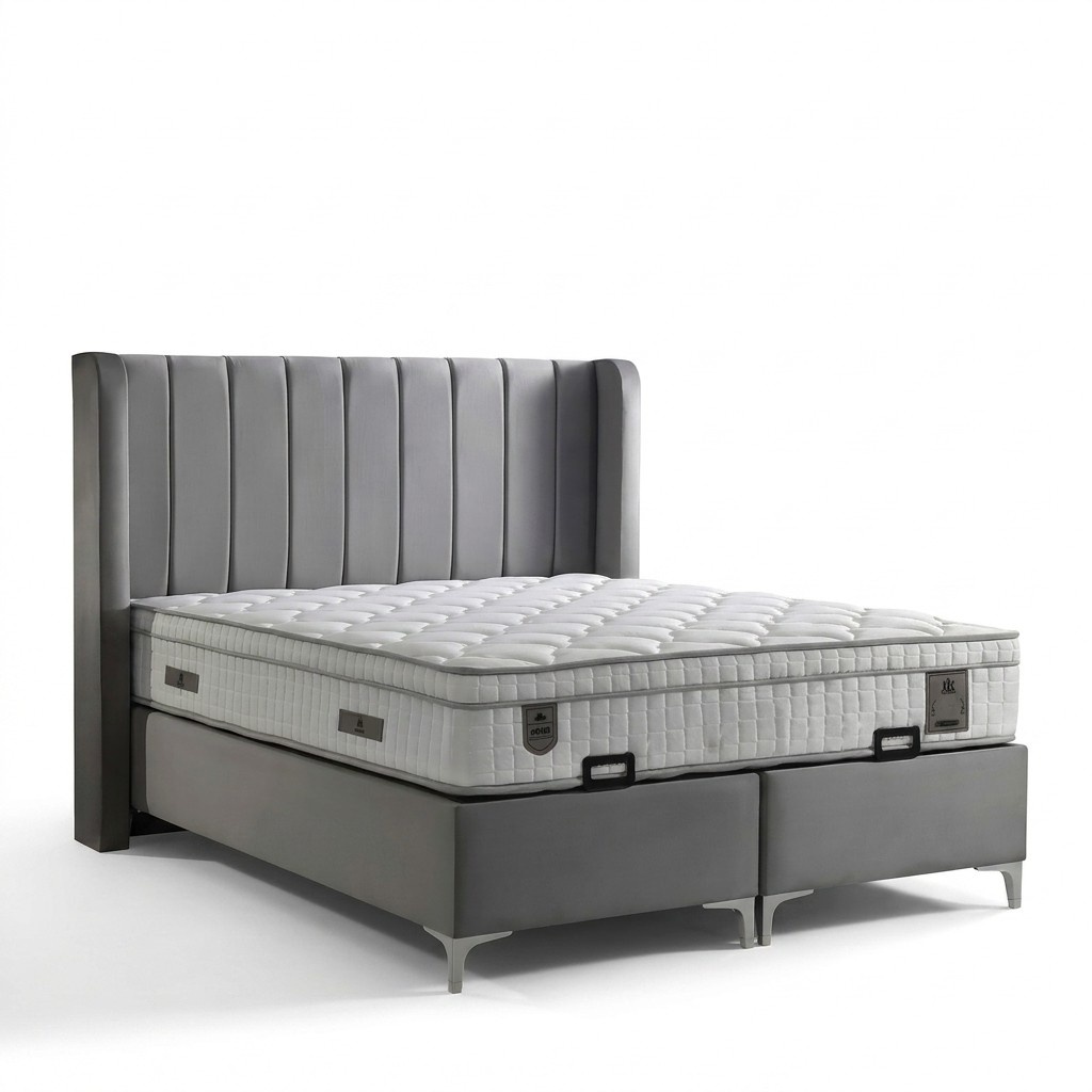 Elegantes graues Bett mit Matratze aus Textil und Holz
