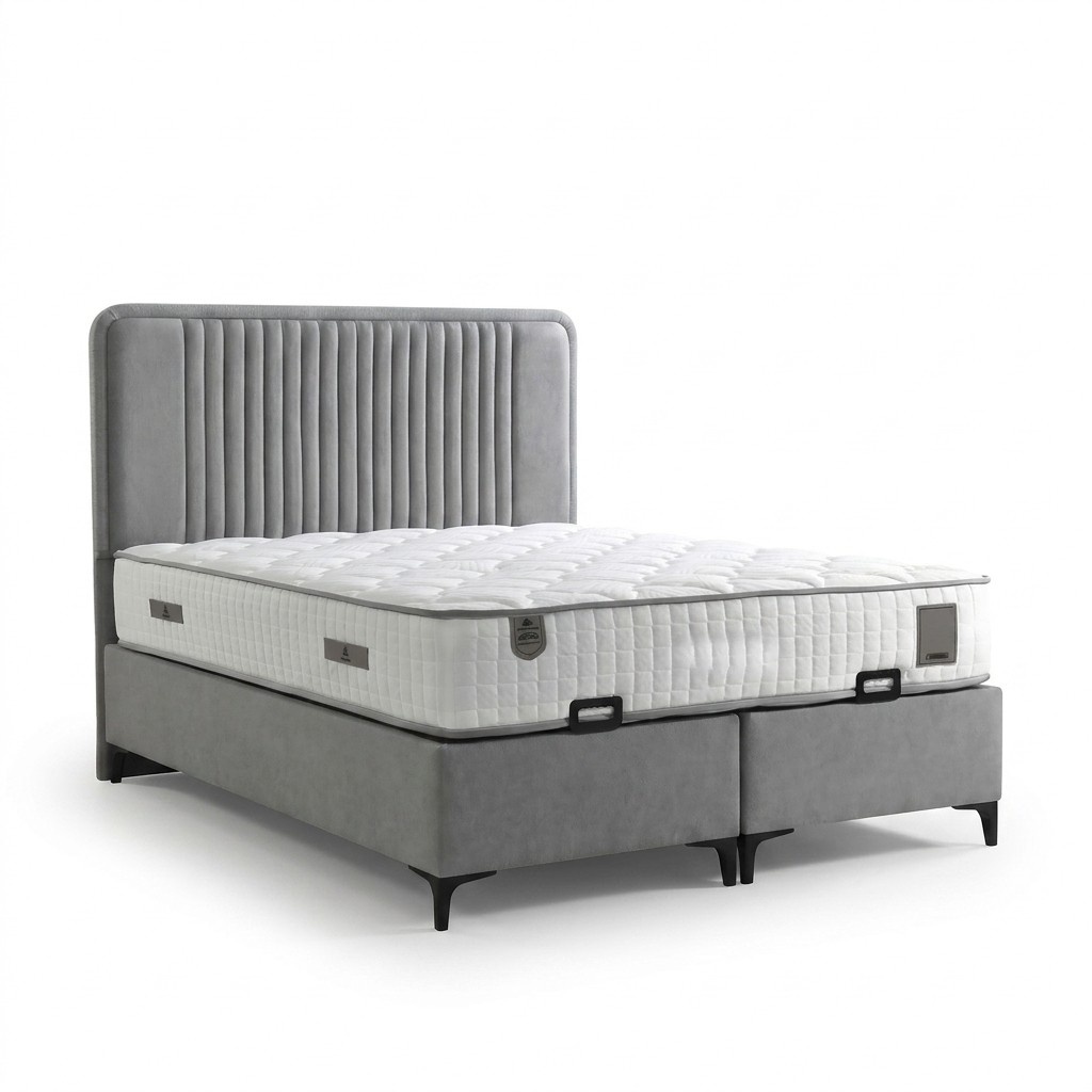 Elegantes graues Bett mit Matratze aus Textil und Holz