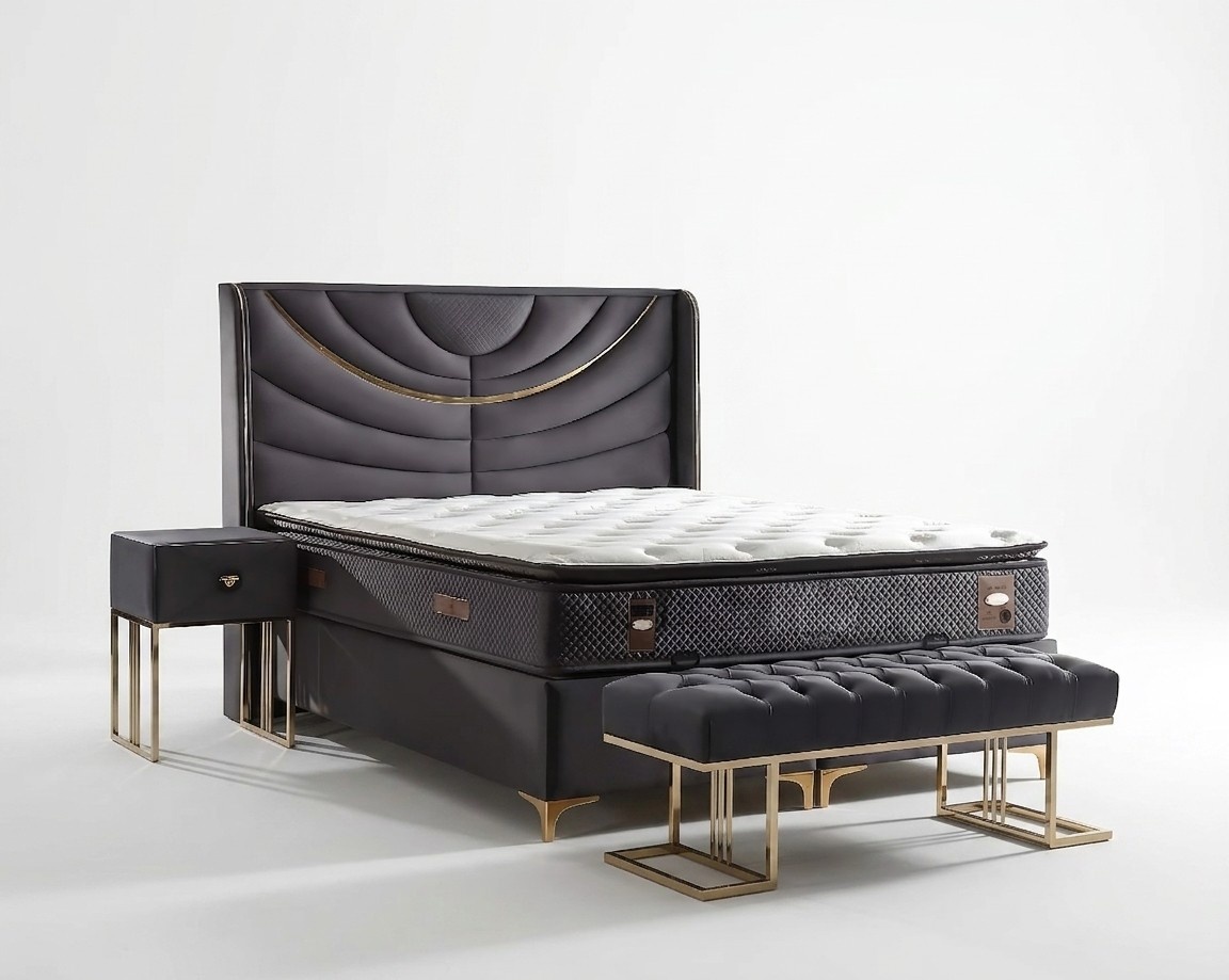 Elegantes graues Bett mit Matratze aus Textil und Holz
