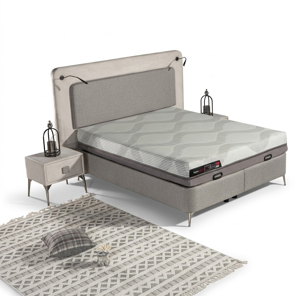 Elegantes graues Bett mit Matratze aus Textil und Edelstahl