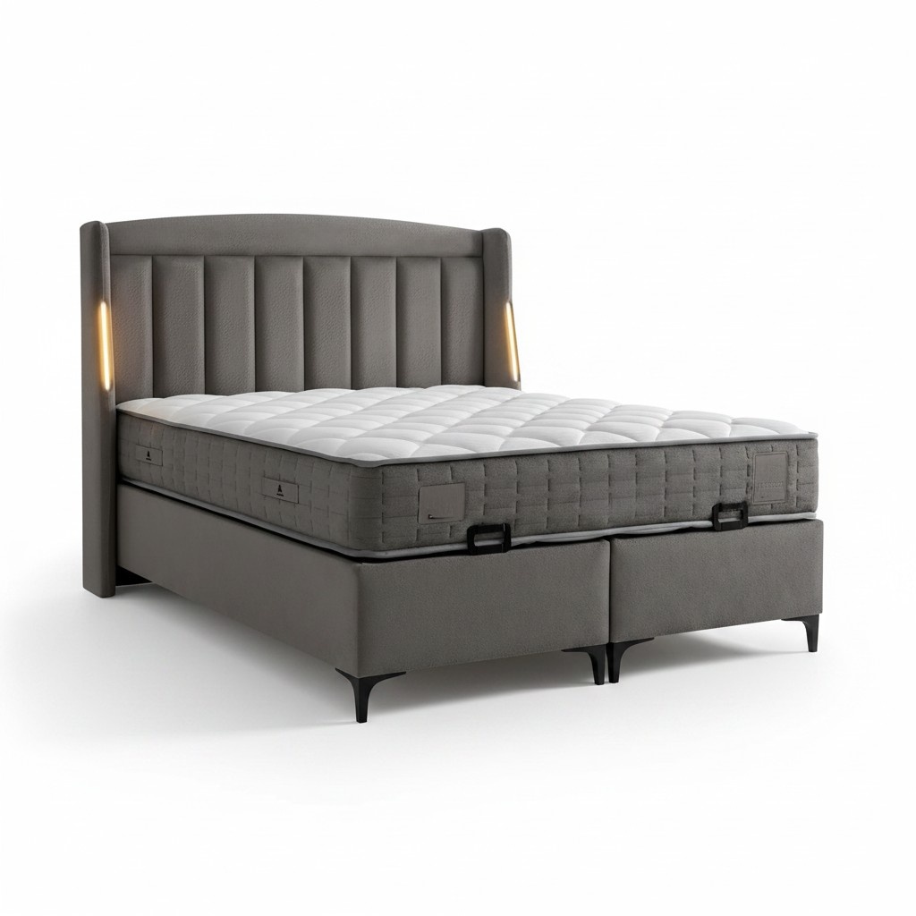 Elegantes graues Bett mit Matratze aus Textil und Holz