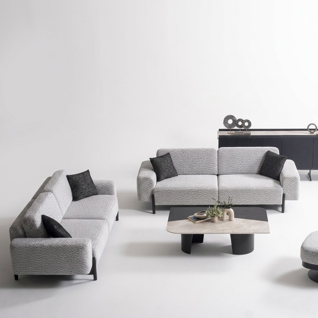 Elegantes graues Wohnzimmer Set aus Textil und Holz