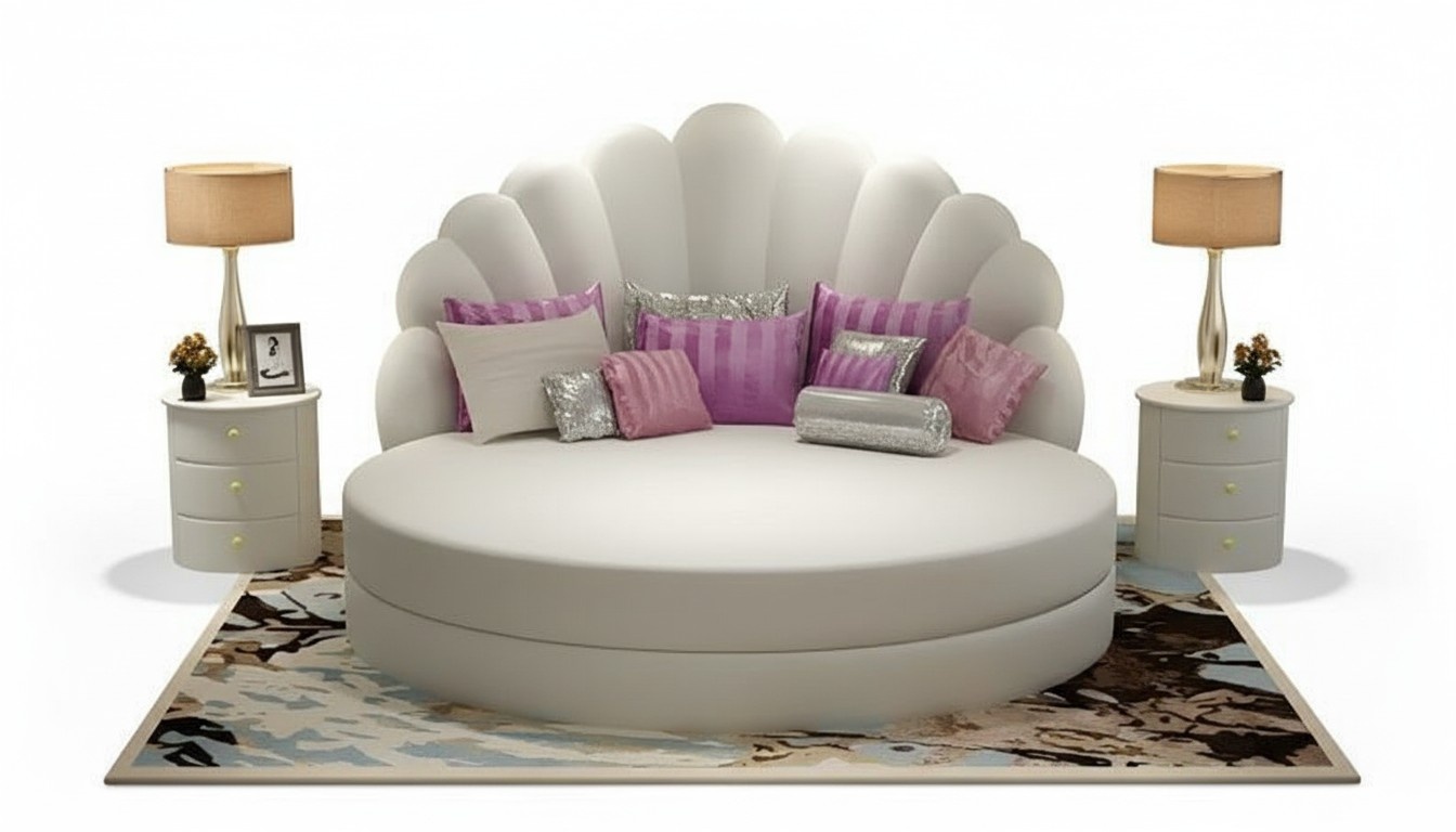 Elegantes Rundbett WeiÃ Shell Design Polster Lila Silber Modernes Schlafzimmer