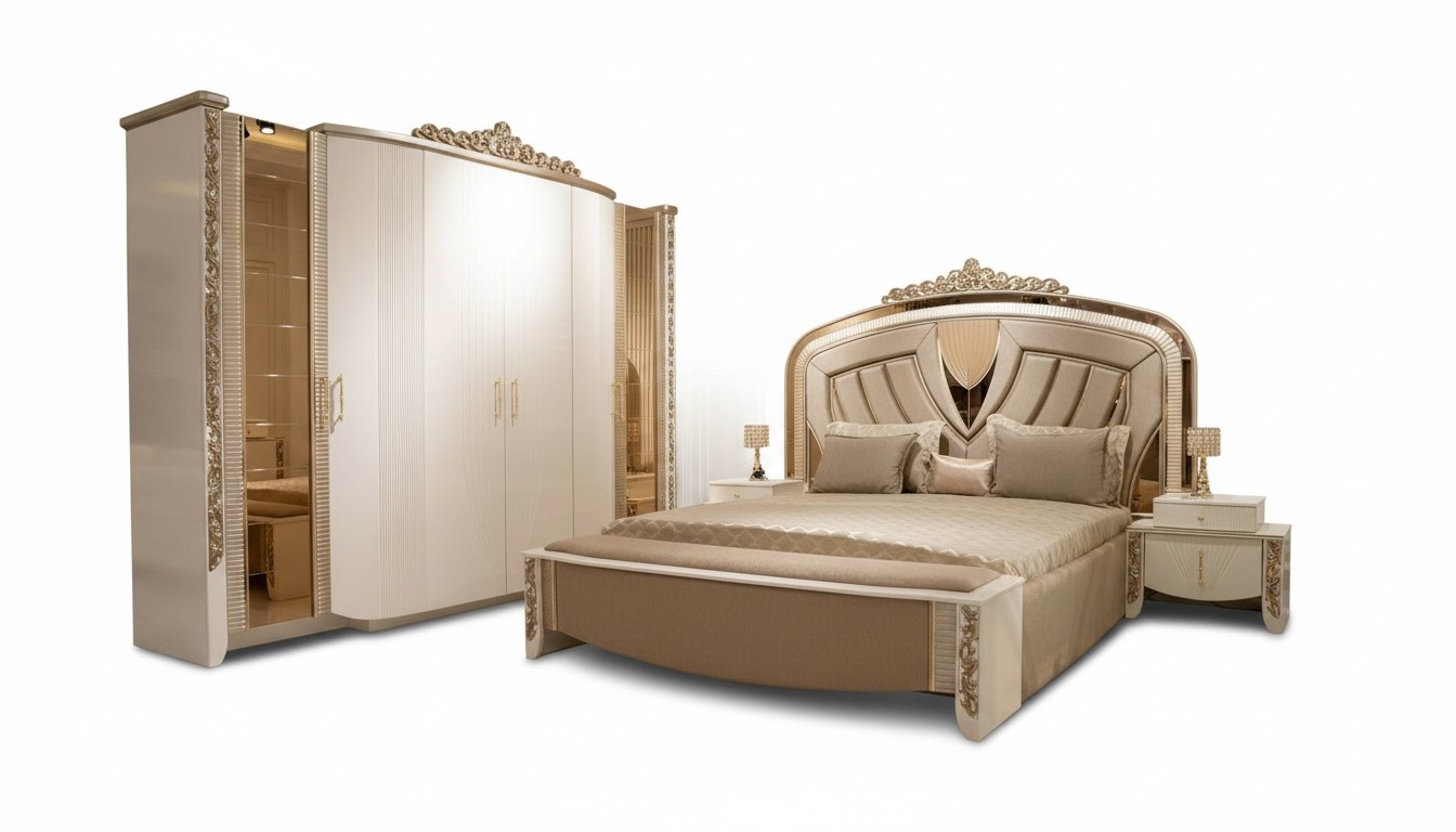 Elegantes Schlafzimmer-Set aus Holz in Beige mit modernem Design