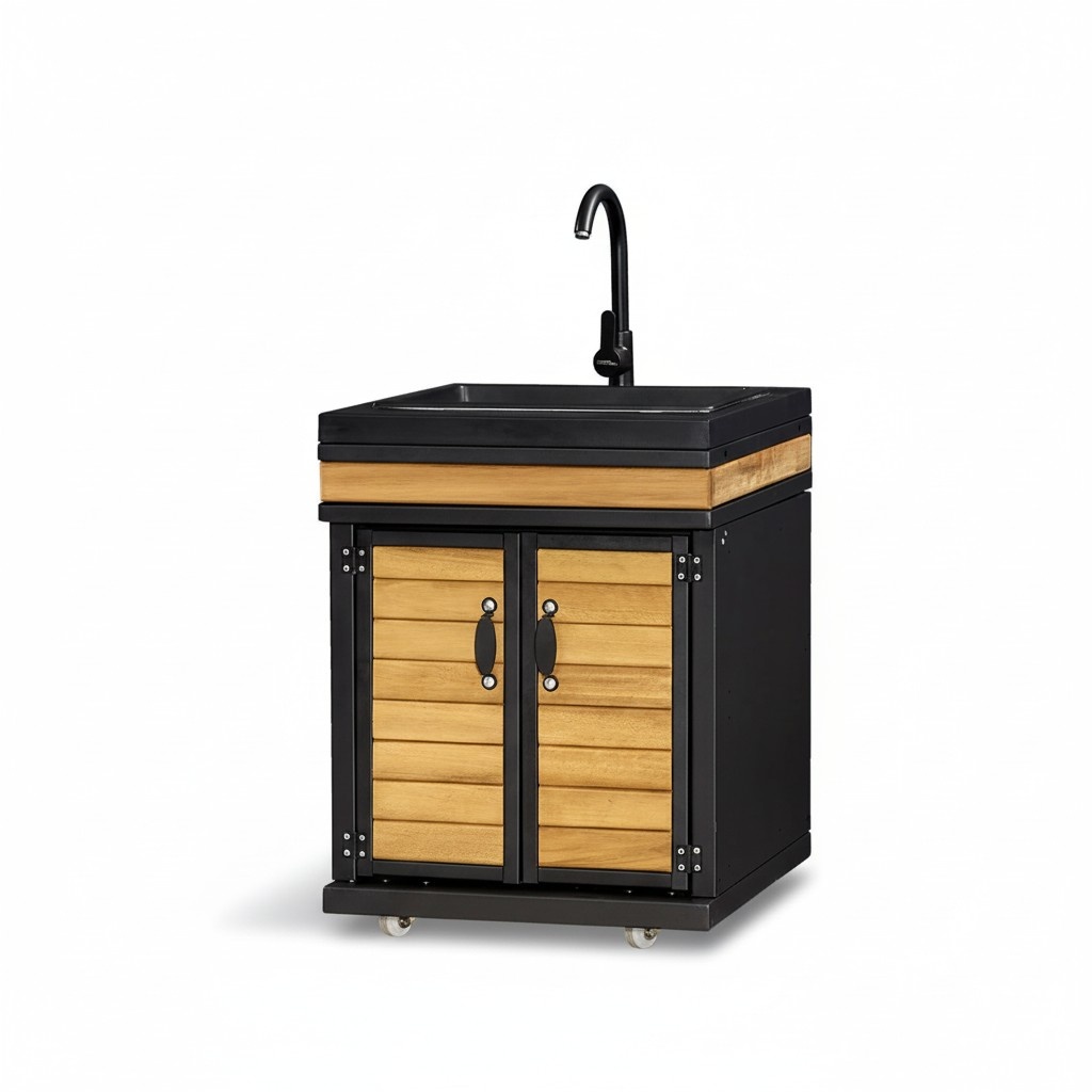 Elegantes schwarzes AuÃenkÃ¼chenmodul aus Edelstahl und Holz