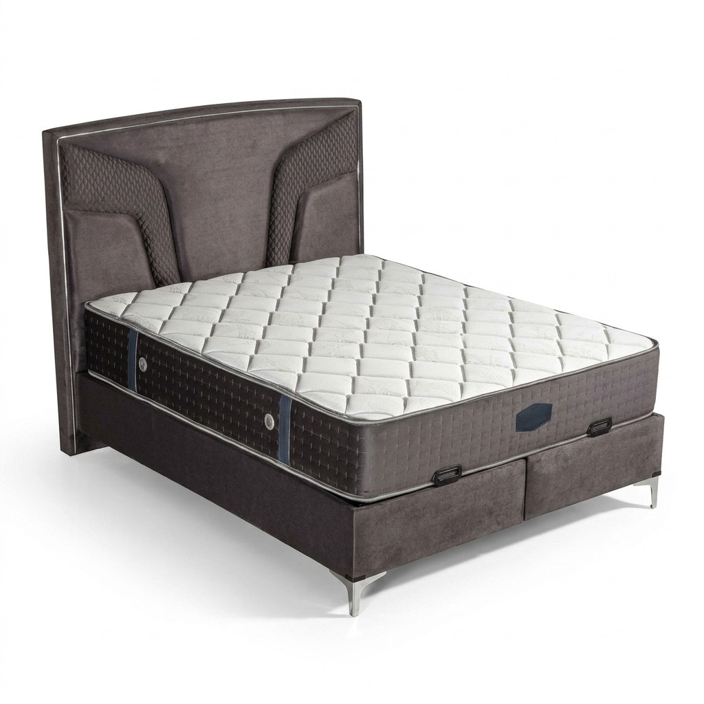 Elegantes schwarzes Bett mit Matratze aus Textil und Edelstahl