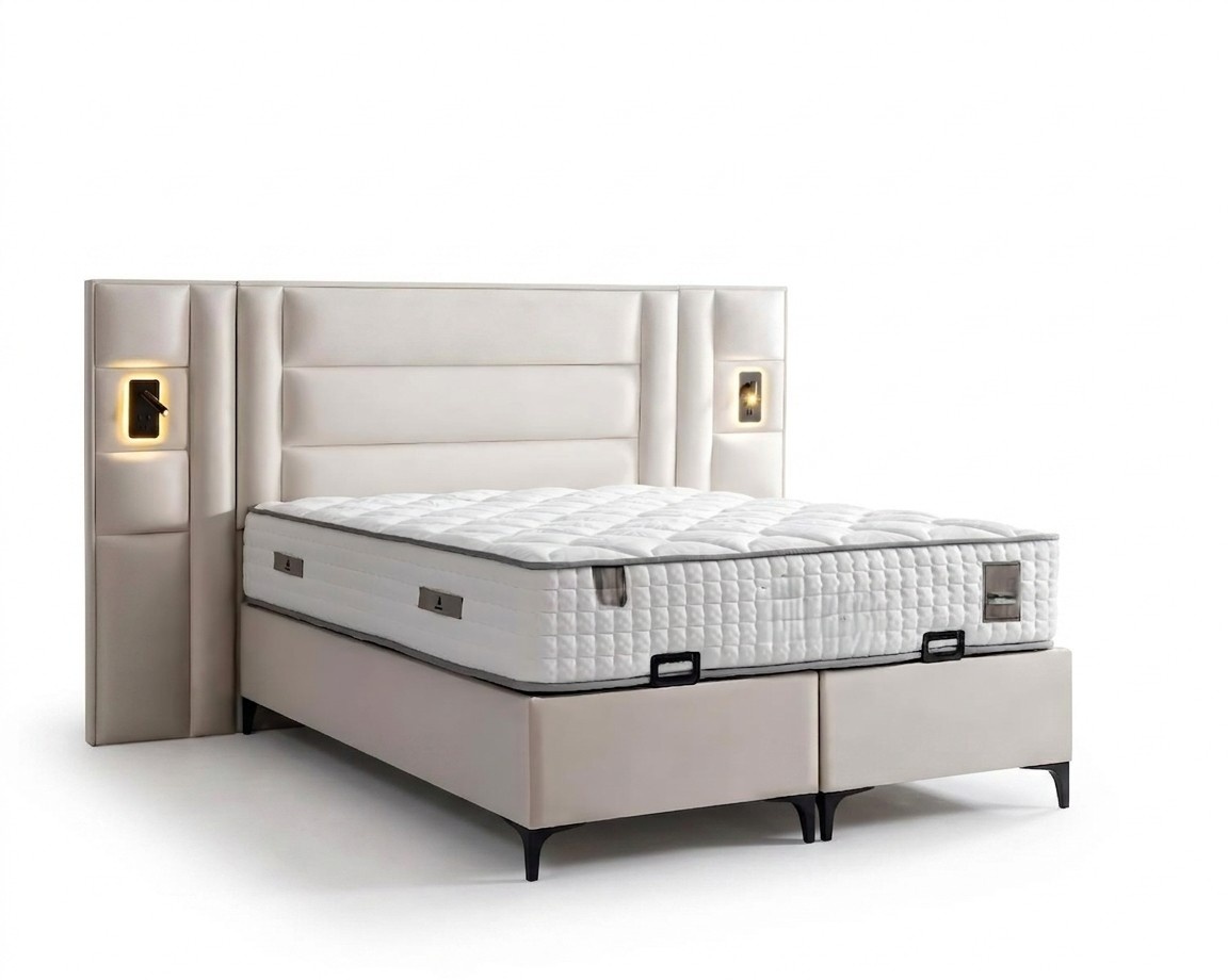 Elegantes weiÃes Bett mit Matratze aus Textil und Holz