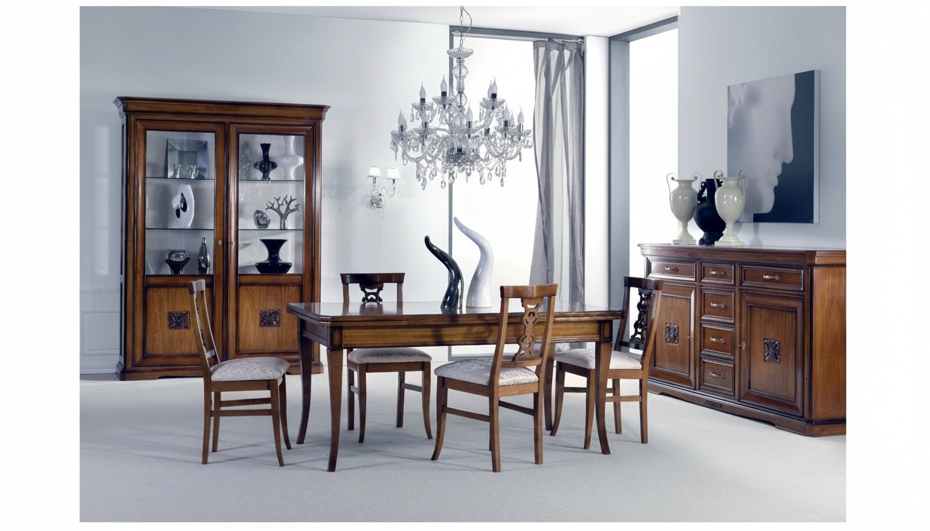 Esszimmer Set 7tlg. Esstisch StÃ¼hle Kommode Vitrine Gruppe Garnitur Holz Braun