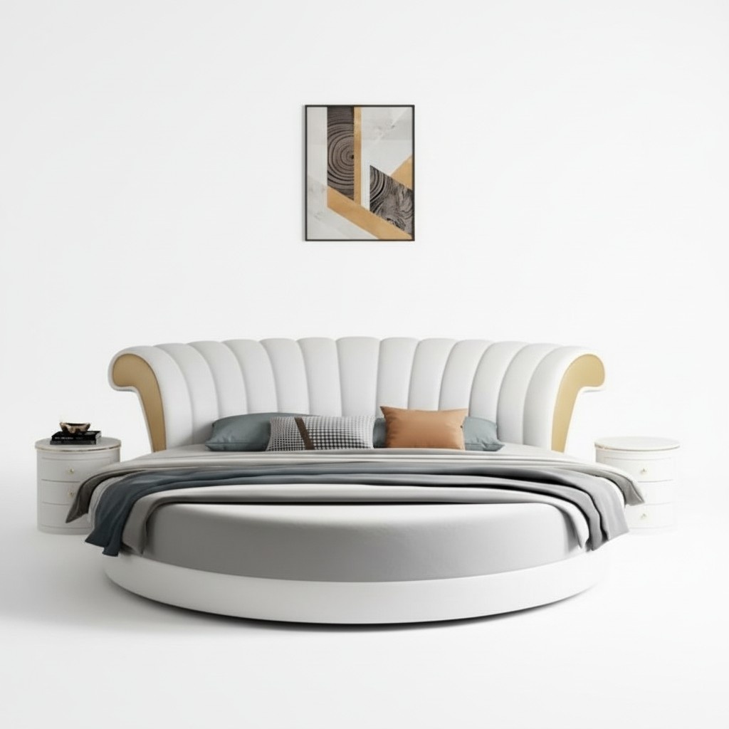 Exklusives Rundbett WeiÃ Beige Polster Leder Design Modernes Schlafzimmer