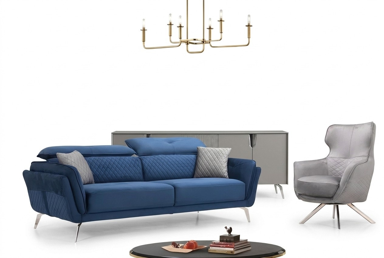 Exquisite Sofagarnitur Blauer Dreisitzer Designer Sessel Polster MÃ¶bel