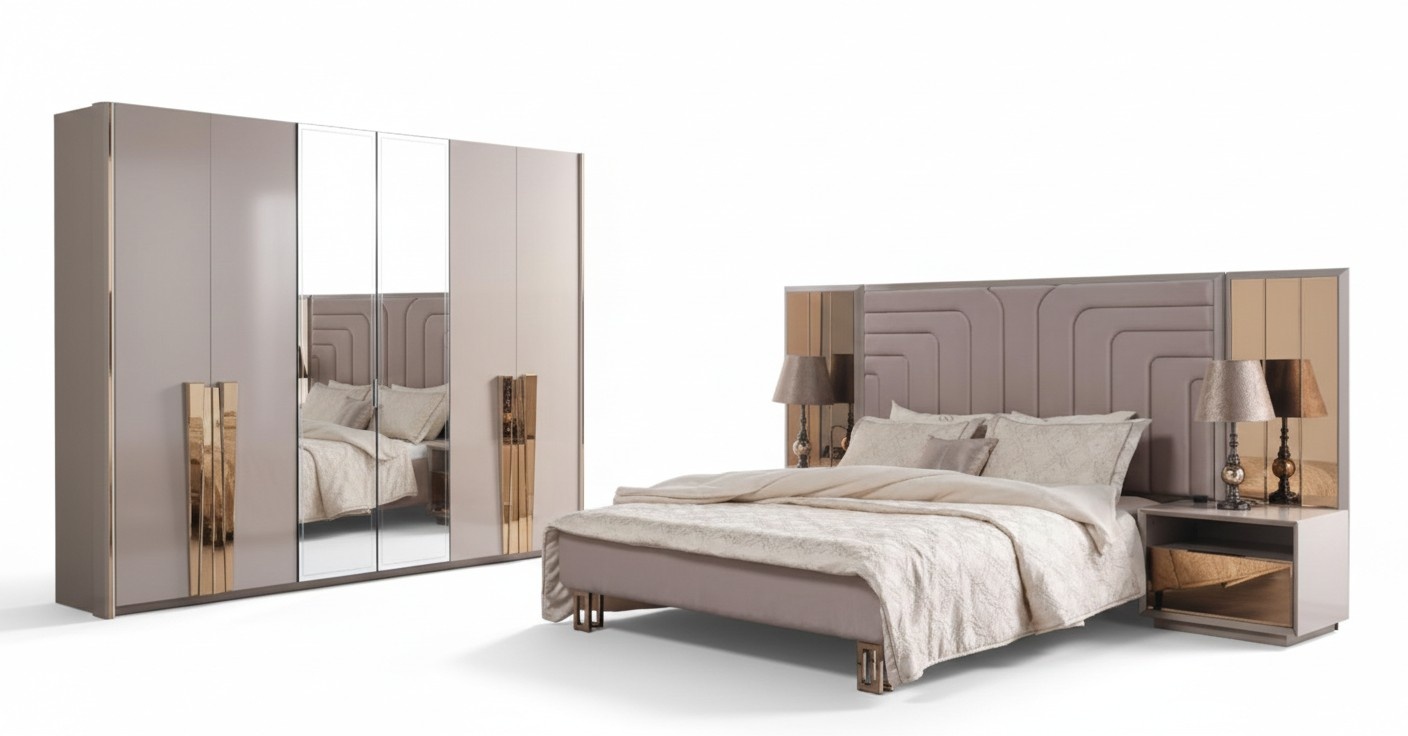 Garnitur Doppelbett Bett Beige Holz Luxus Modern Schlafzimmer Set 3tlg