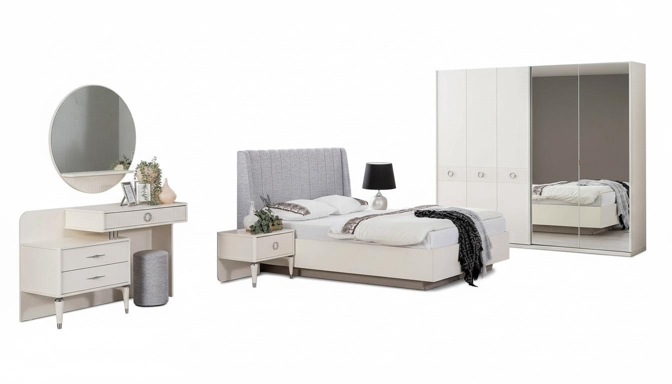 Garnitur Doppelbett Bettrahmen Stoff Schlafzimmer WeiÃ Holz Set 7tlg