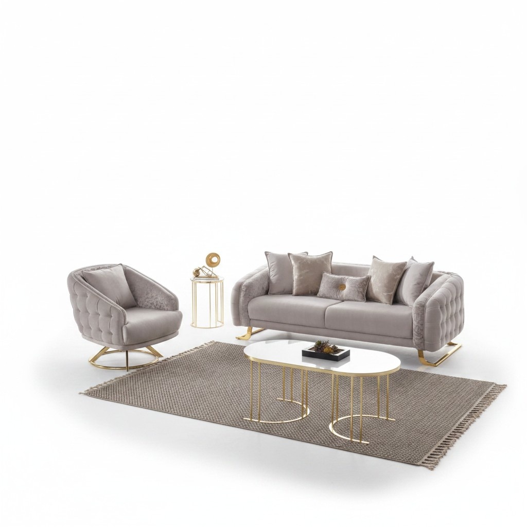 Garnitur Dreisitzer Sessel Couch Stoff 2tlg Polstersofa Sofa Grau Set