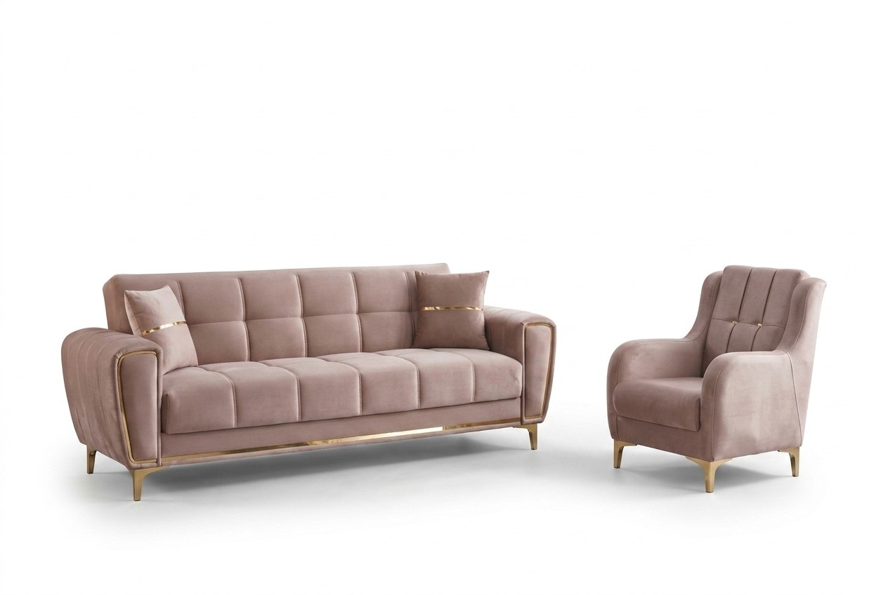 Garnitur Dreisitzer Sessel Polstersofa Stoffsofa Beige Set 2tlg Couch