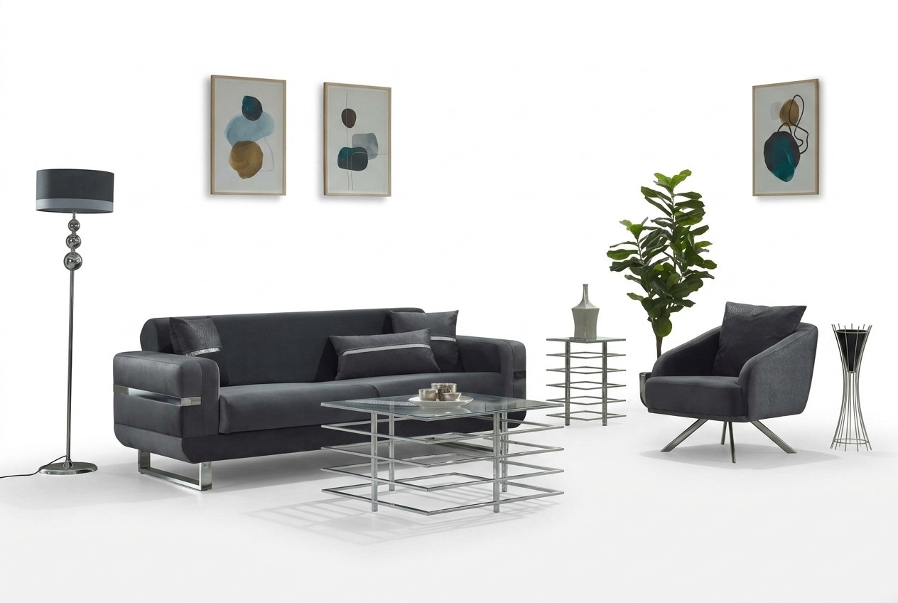 Garnitur Dreisitzer Sofa Stoffsofa Polstersofa Grau Sessel 2tlg Couch