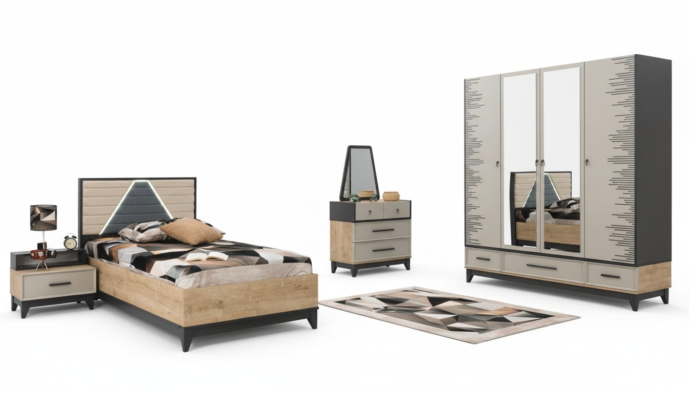 Garnitur Kinderzimmer Bett Schrank Braun Holz Set Jugenbett 5tlg MÃ¶bel