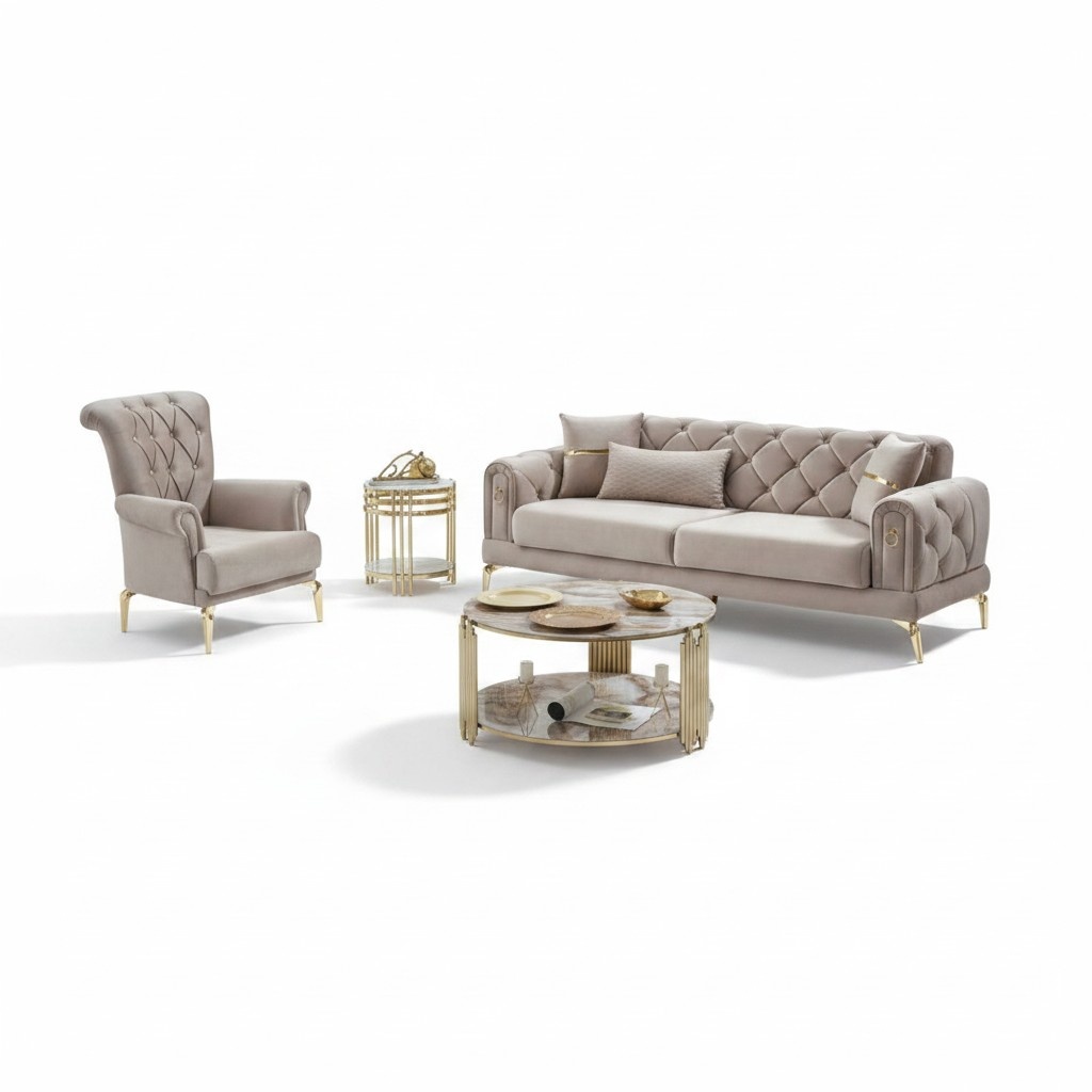 Garnitur Polstersofa Dreisitzer 2tlg Stoffsofa Sessel Beige Sofa Luxus