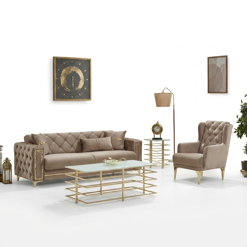 Garnitur Sofagarnitur Couch Polstersofa Dreisitzer Sessel Beige 2tlg