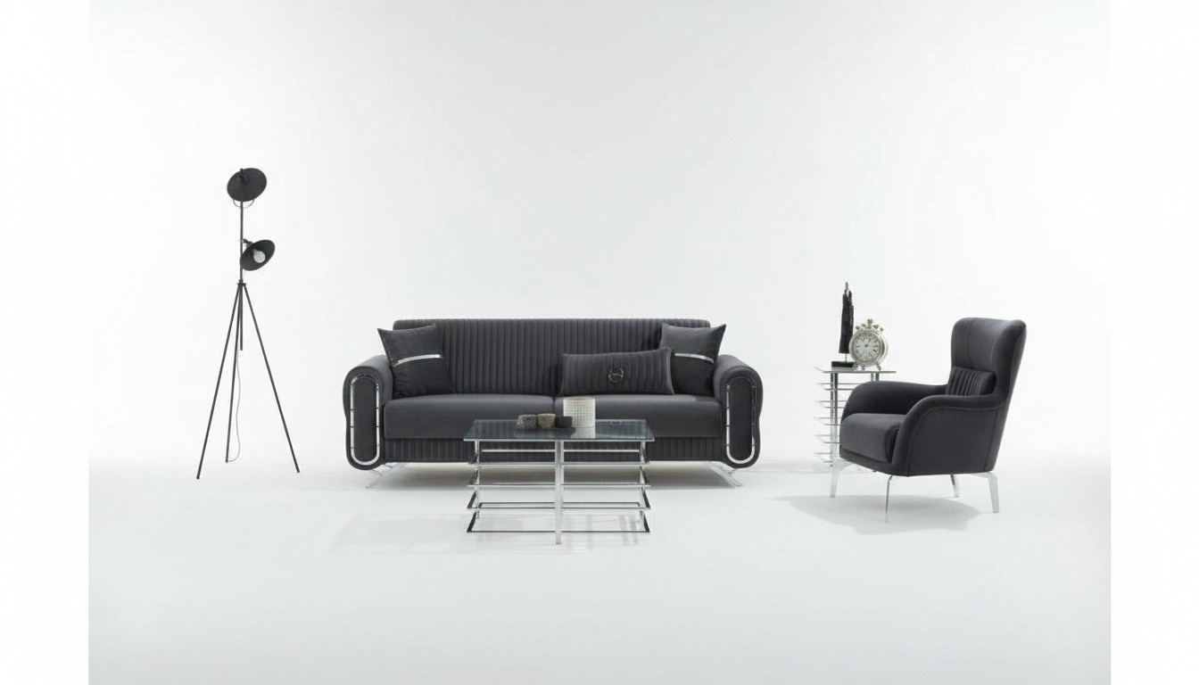 Garnitur Sofagarnitur Couch Polstersofa Dreisitzer Sessel Grau 2tlg