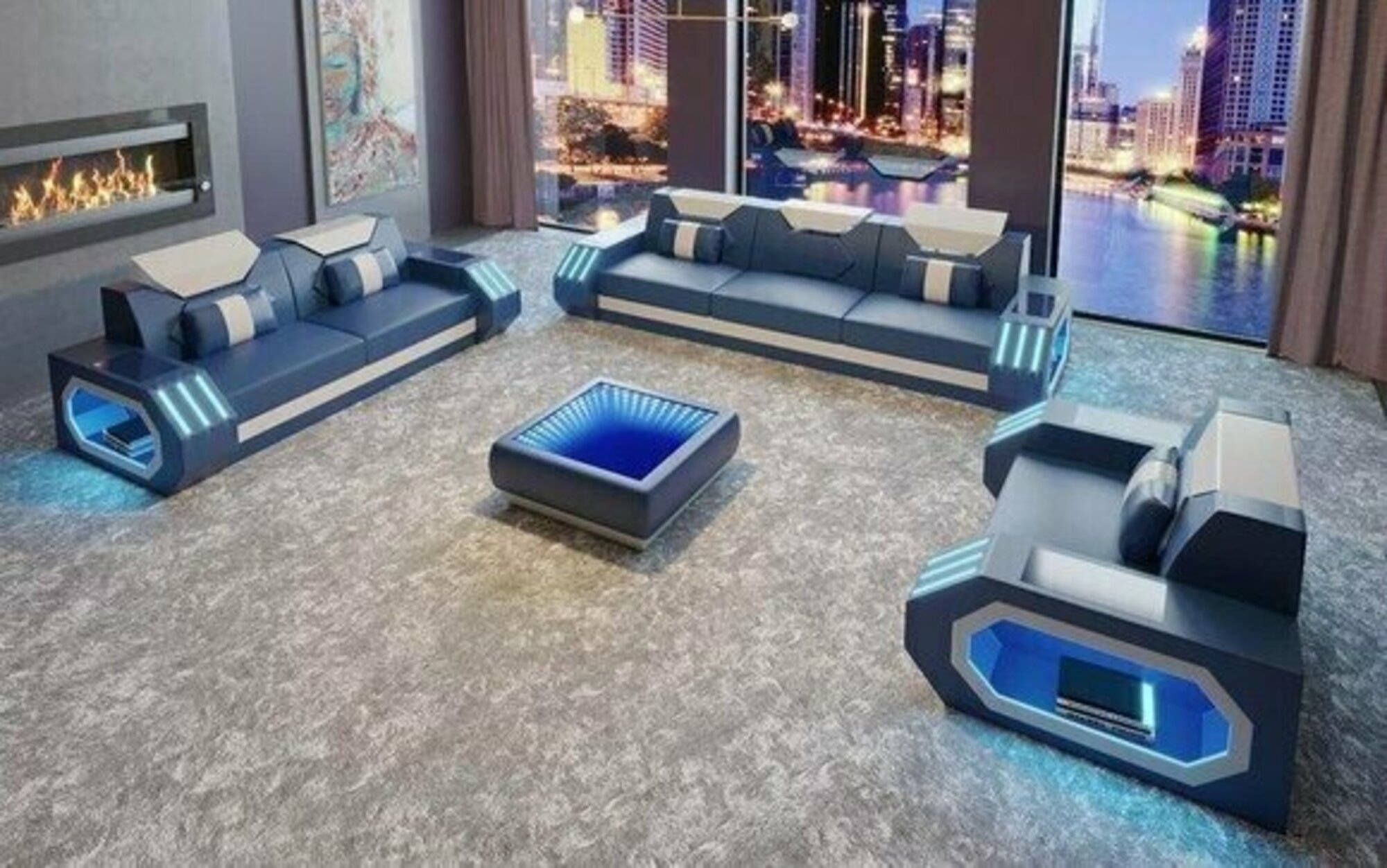 Design Sofagarnitur Ledersofa Couch Polster Sitz Set 3+2+1 Komplett Garnitur