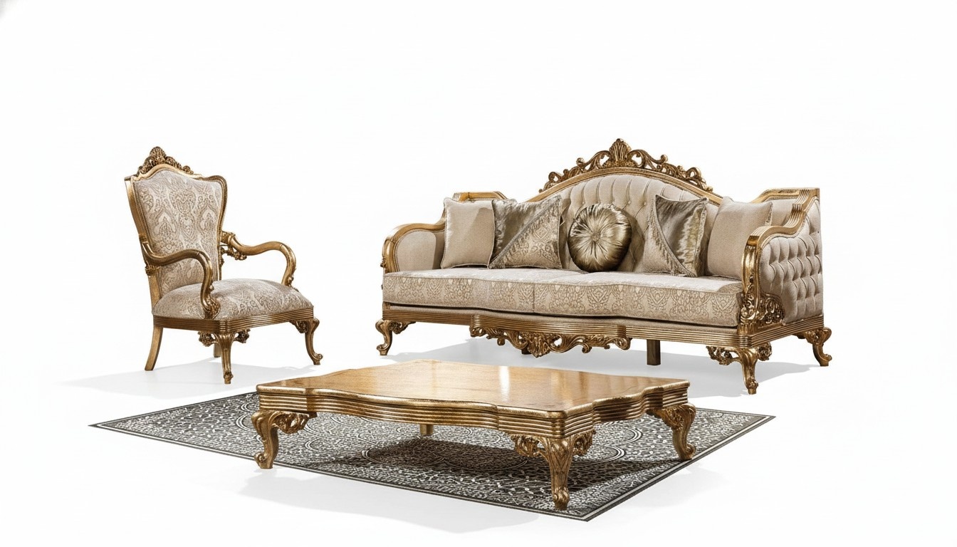 Goldene Couch Klassische Sofagarnitur Polster MÃ¶bel 3+1 Couchtisch Stoff