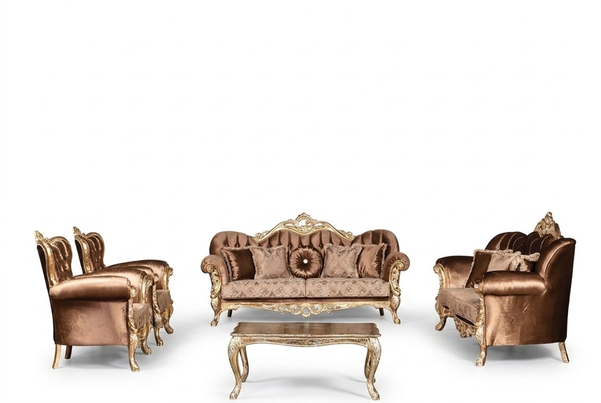Goldene Samt Couch Set Chesterfield Sofagarnitur Sofa MÃ¶bel Holz 5tlg