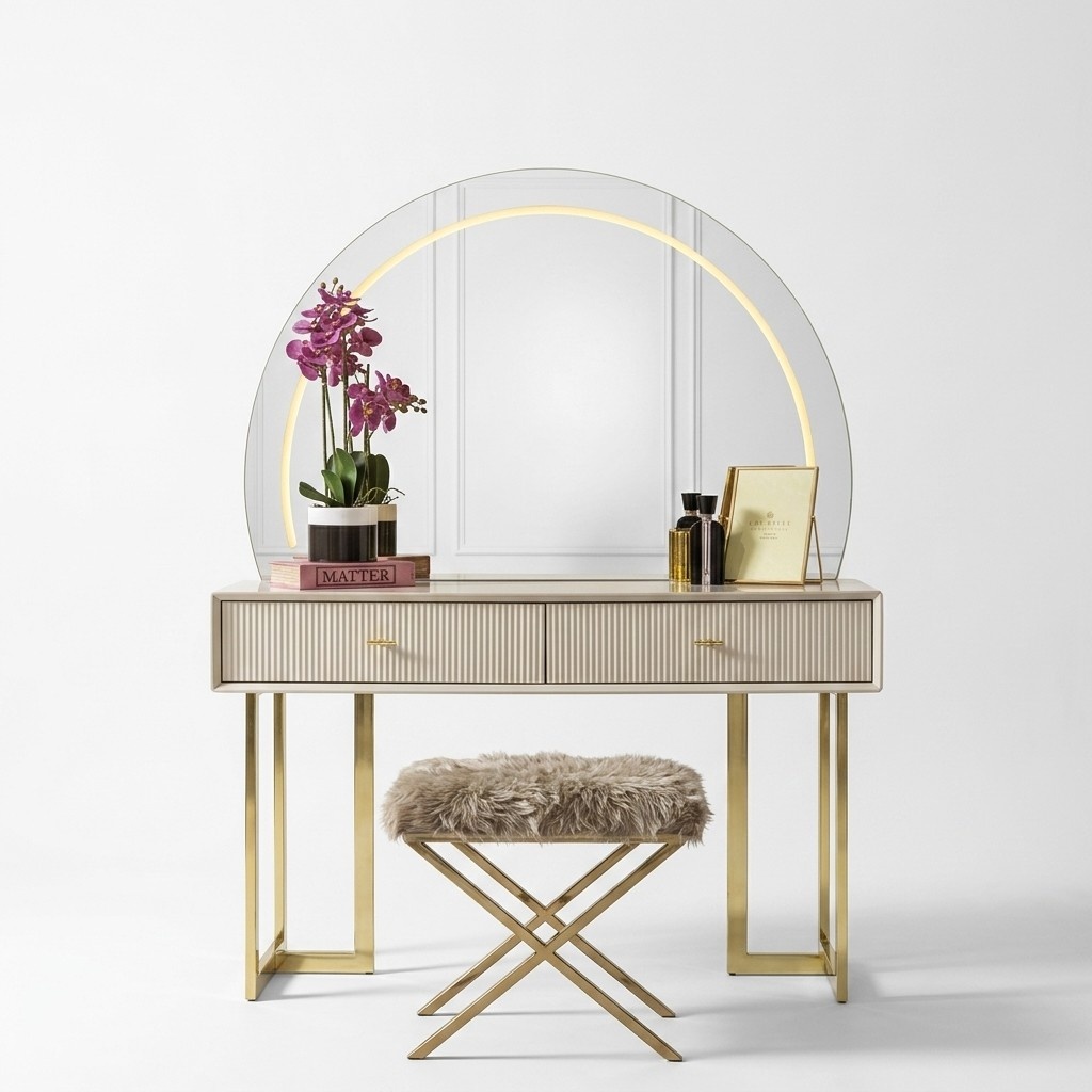 Goldene Schlafzimmer Garnitur Holz Kosmetiktisch Exklusiver Hocker 2tlg