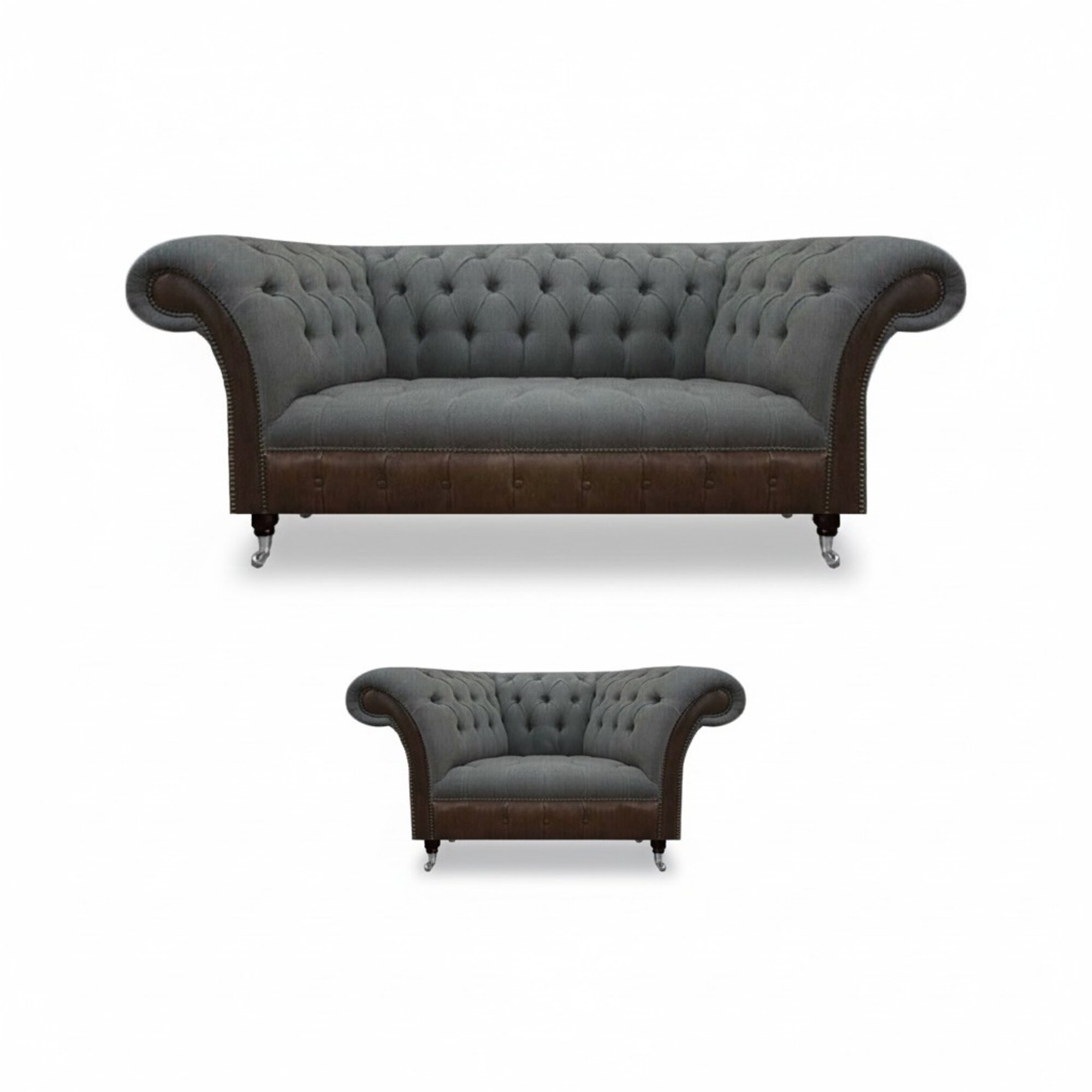 Grau-Braune Wohnzimmer Chesterfield Garnitur Dreisitzer Lehnsessel 2tlg