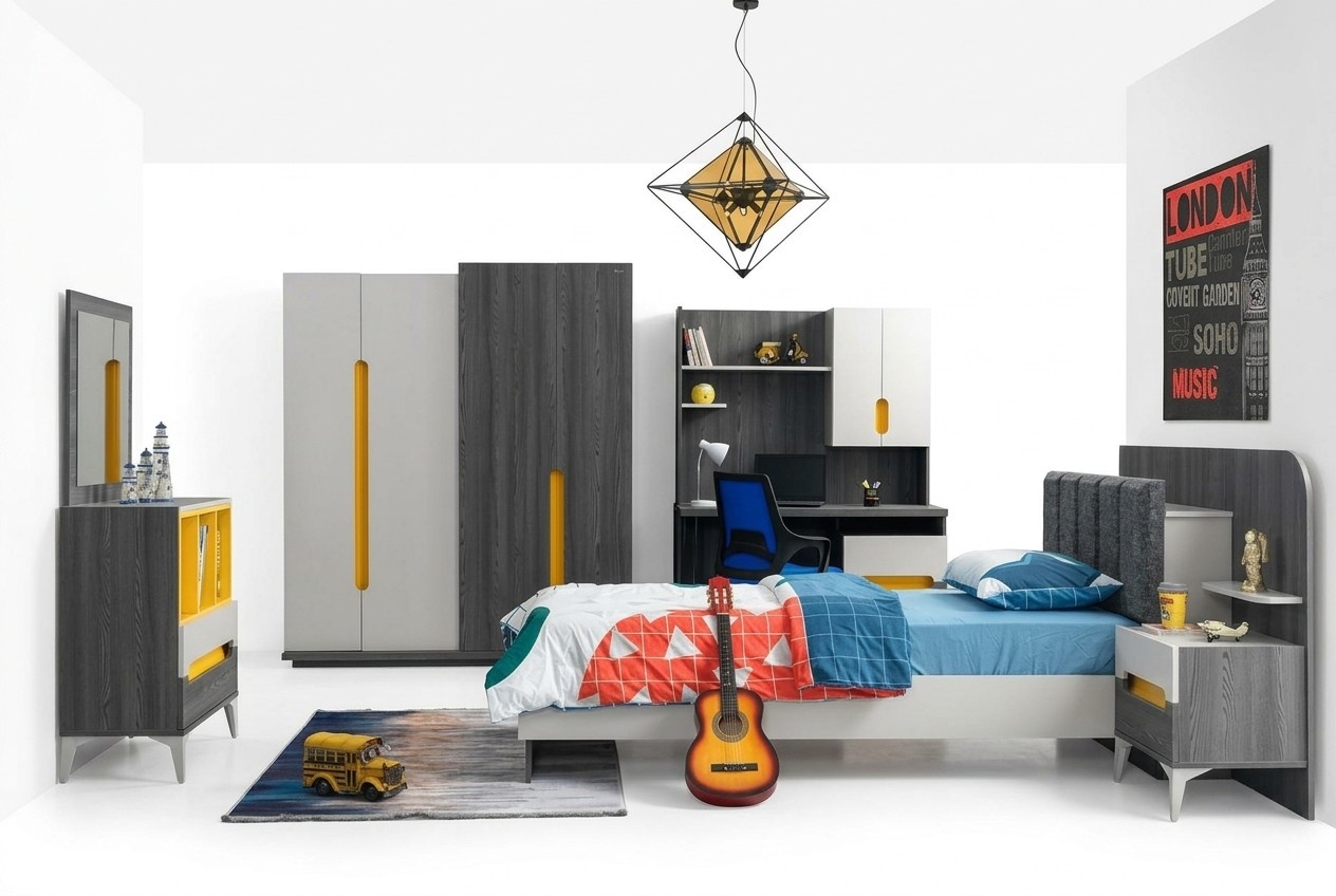 Grau Kinderzimmer Set Bett Nachttisch Kommode Kleiderschrank Schreibtisch
