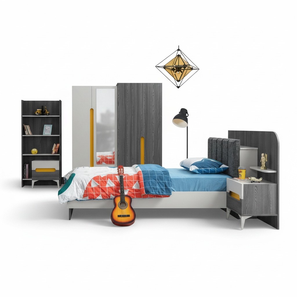 Grau Kinderzimmer Set Kinderbett Nachttisch Kommode Kleiderschrank Buecherregal