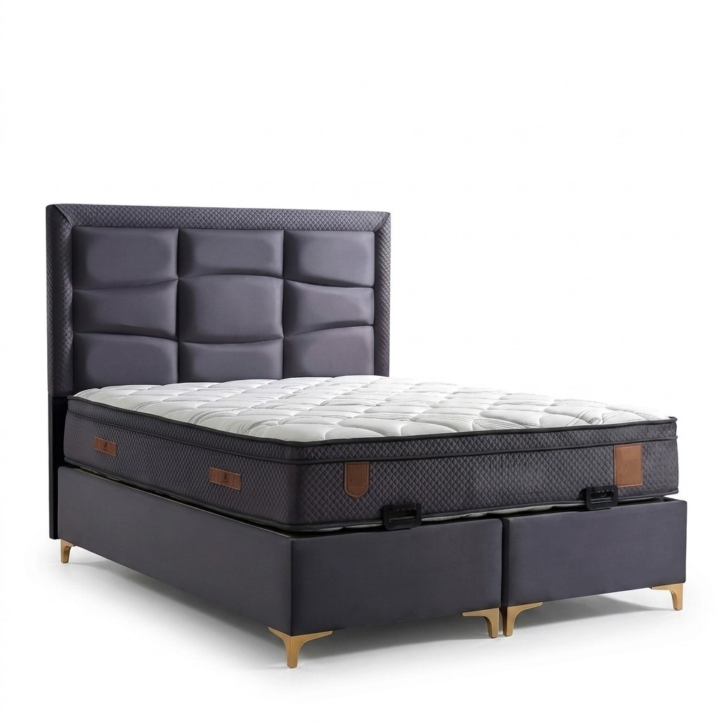 Grau modernes Bett mit Matratze aus Textil und Holz